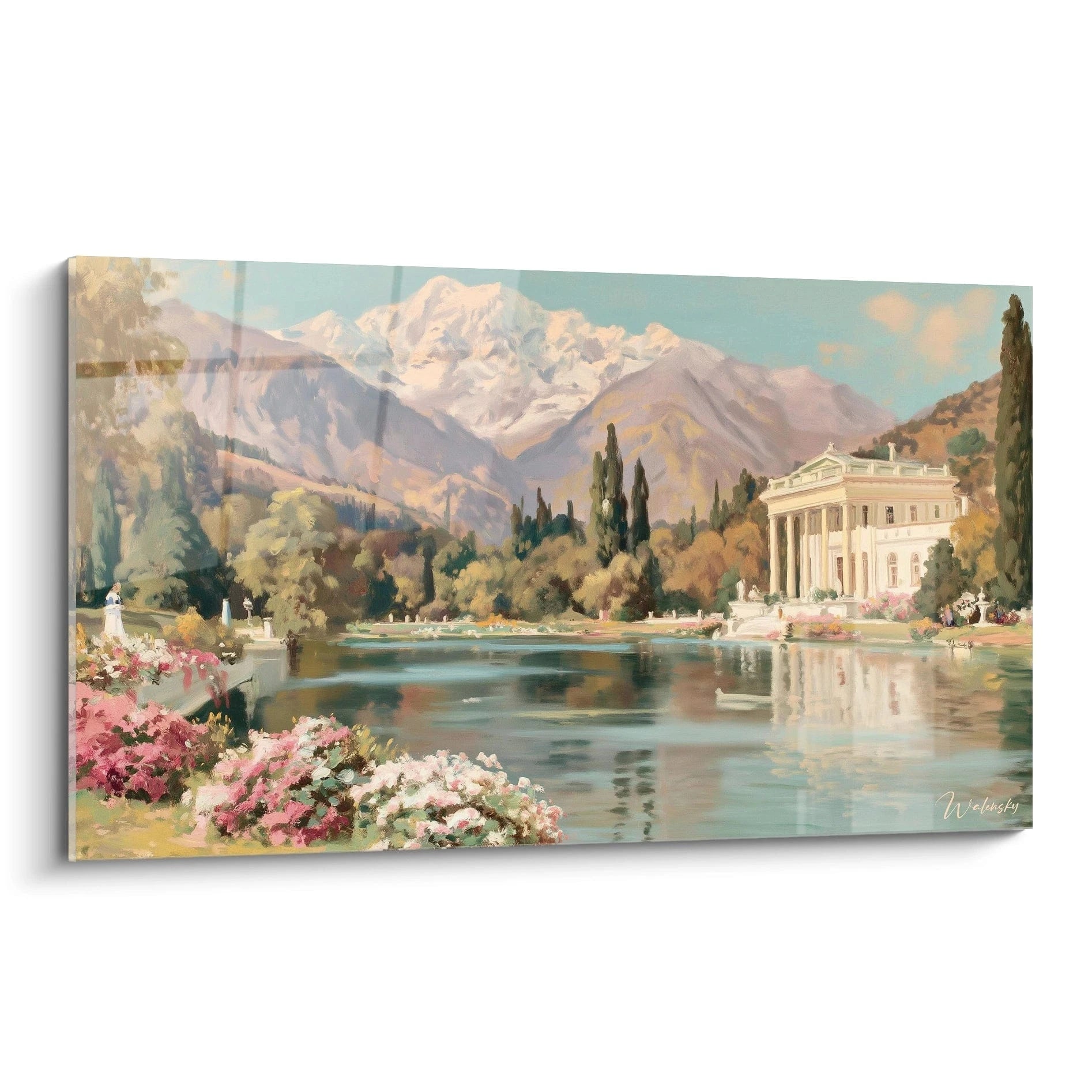 Walensky tableau mural paysage lac et montagnes avec villa classique jardins fleuris et tableau temple colonnes doriques en reflet