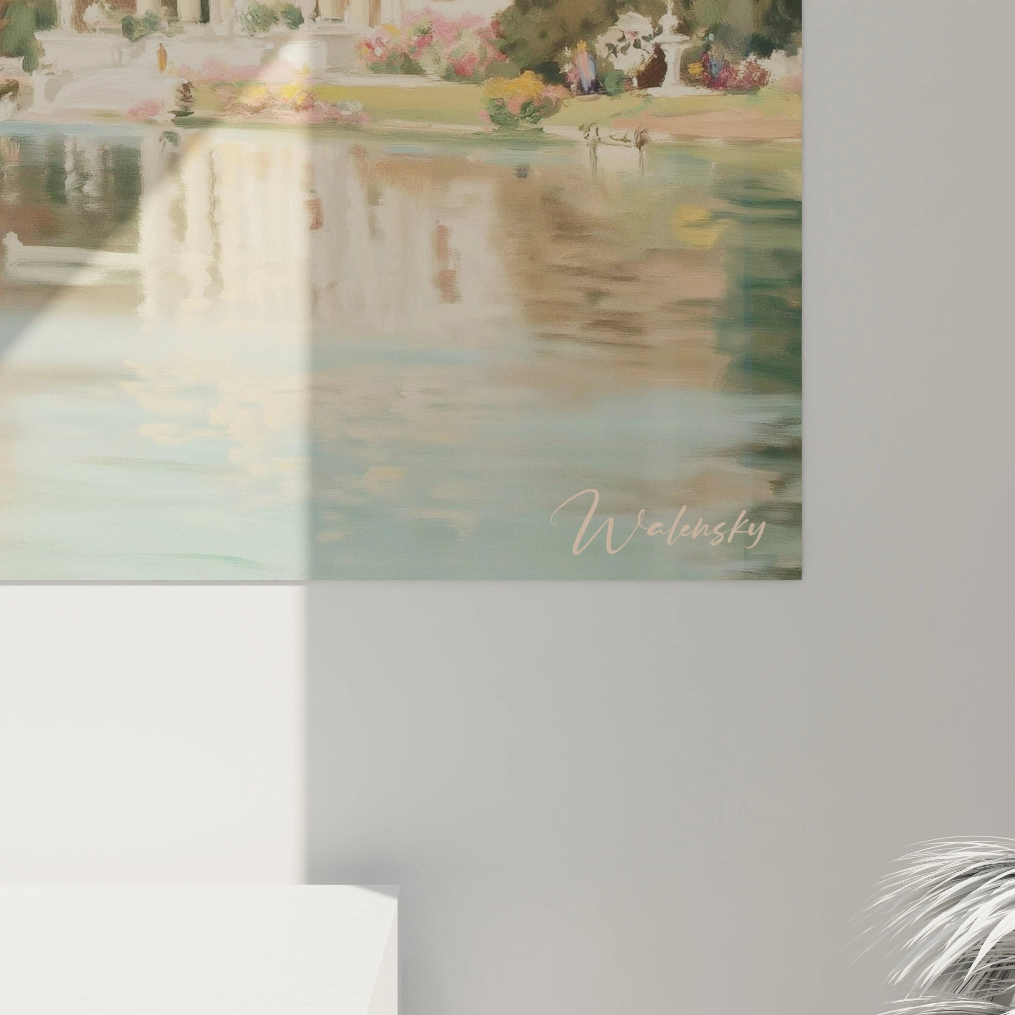 Tableau mural Walensky representant un paysage lacustre avec reflet de l eau et temple ancien tableau temple colonnes doriques