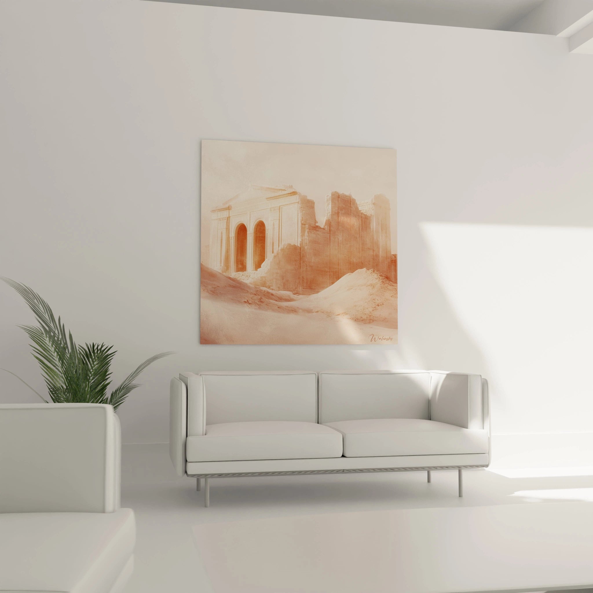 Tableau Egypte mural Walensky représentant un site ancien en teintes sépia dans un salon moderne blanc