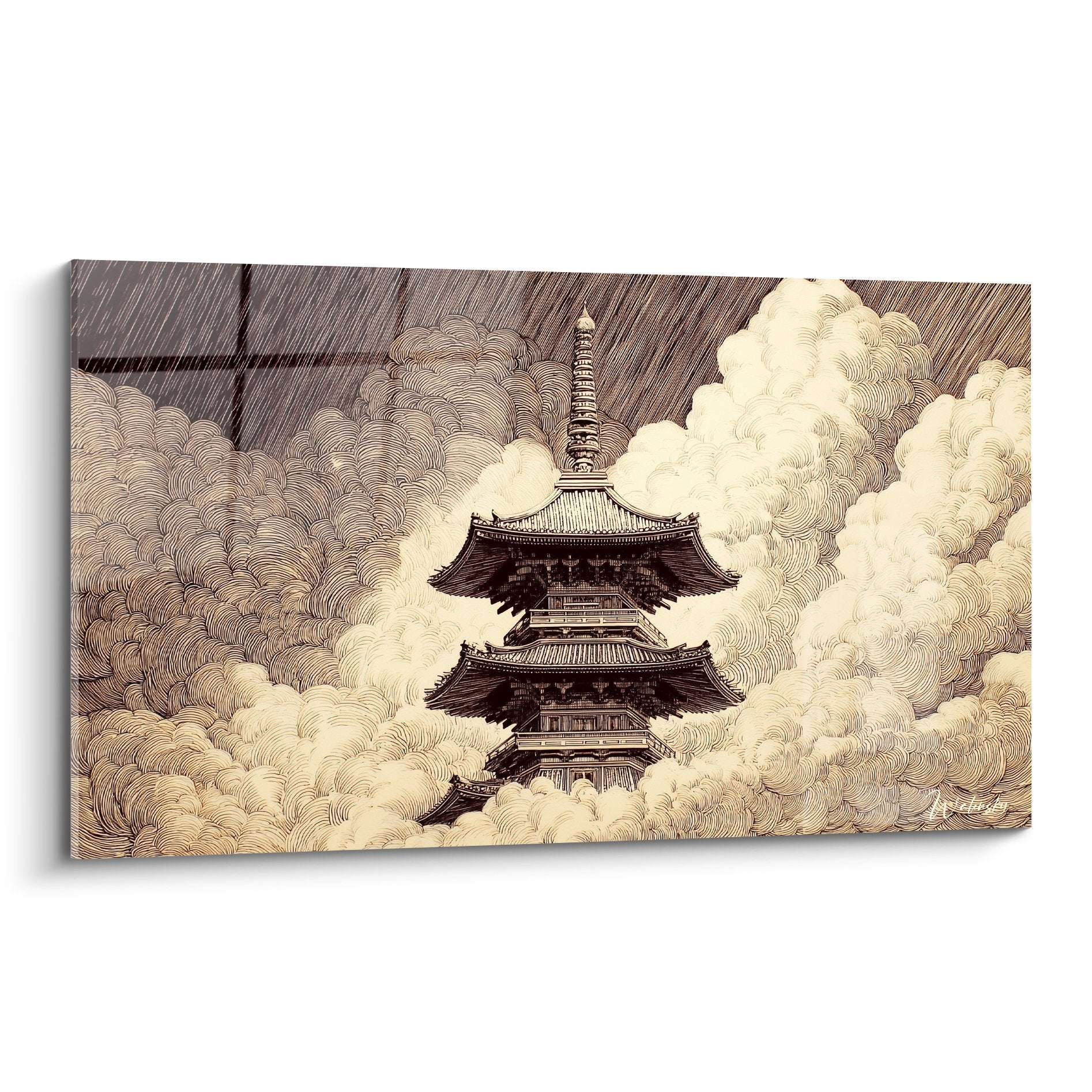 Japanese temple pagoda three-tiered architecture clouds sepia mystical traditional engraving artwork