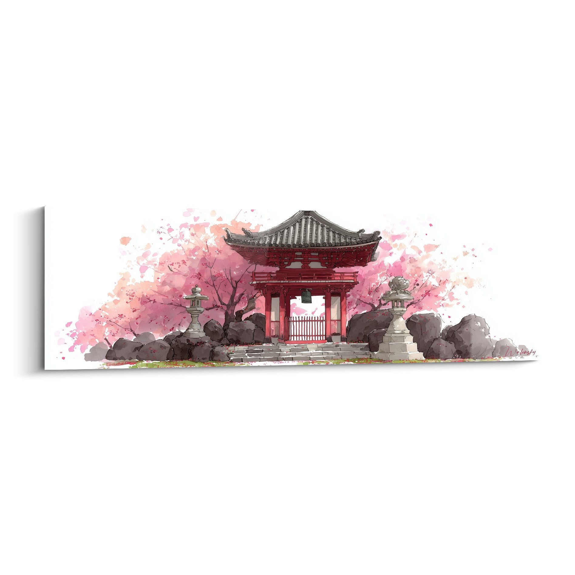 Watercolor painting Japanese red temple under pink cherry blossoms, traditional torii gate with stone lanterns