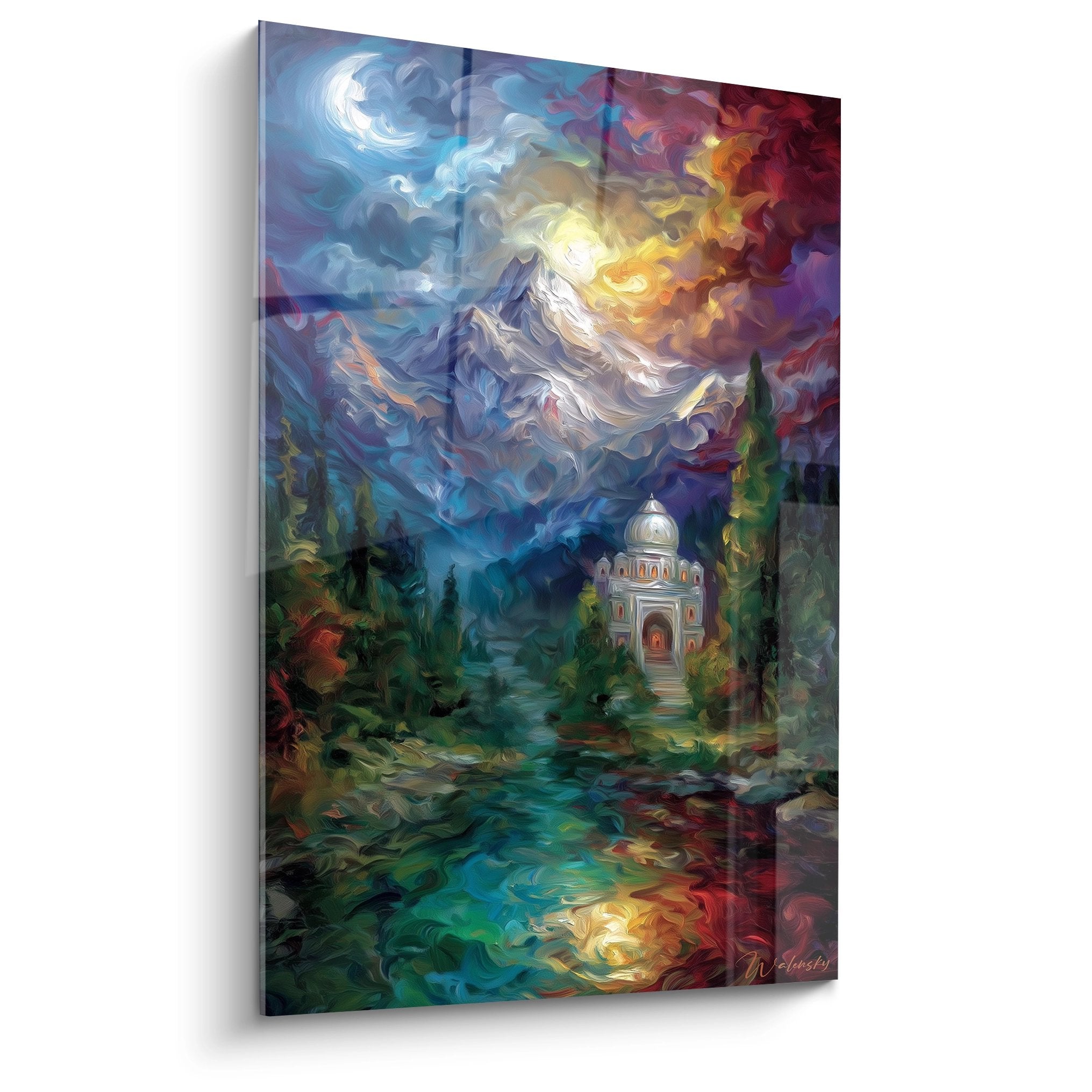 Tableau mural temple montagne mystique avec sanctuaire doré et paysage coloré spirituel