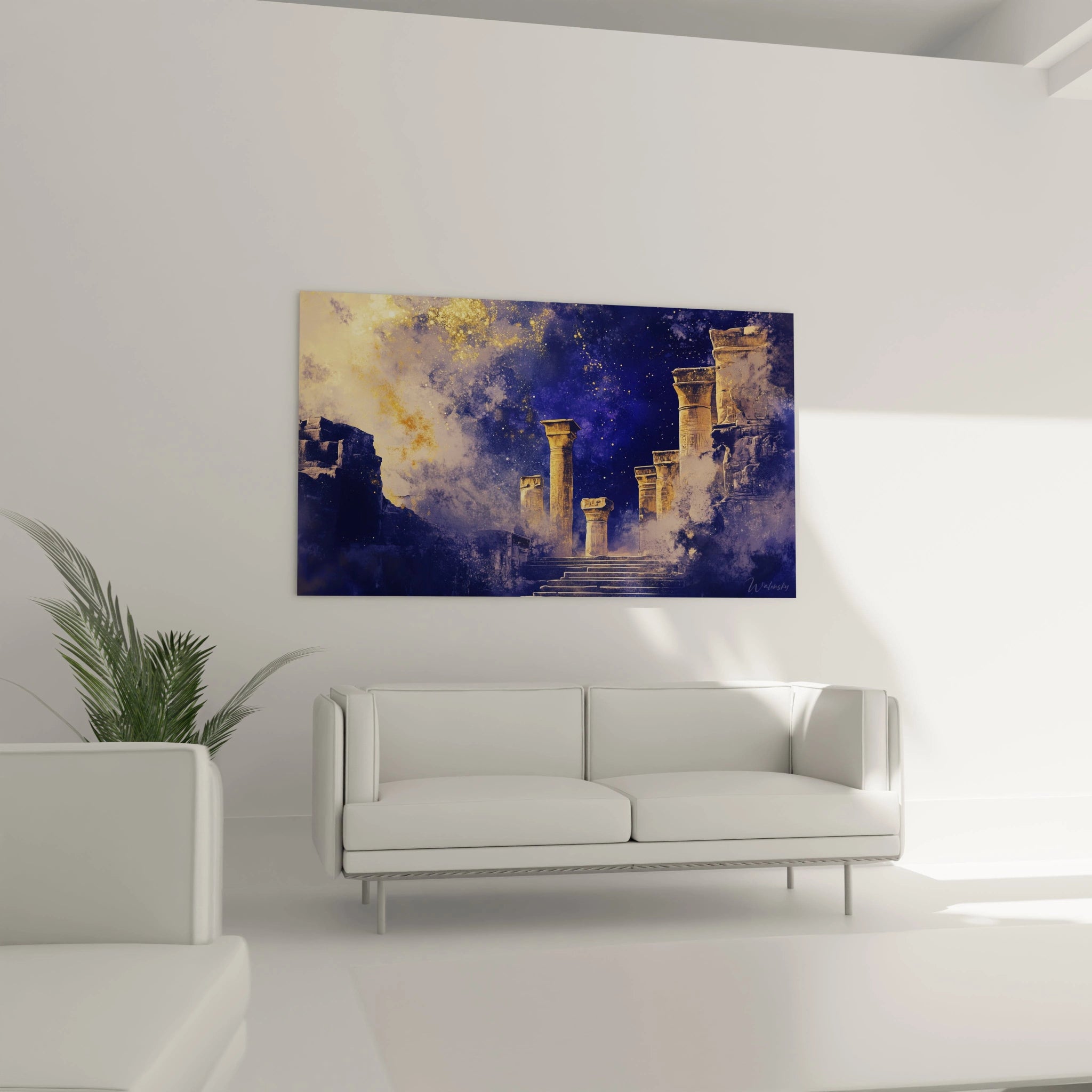 Tableau Egypte mural Walensky avec ruines antiques et ciel étoilé bleu pour décoration intérieure