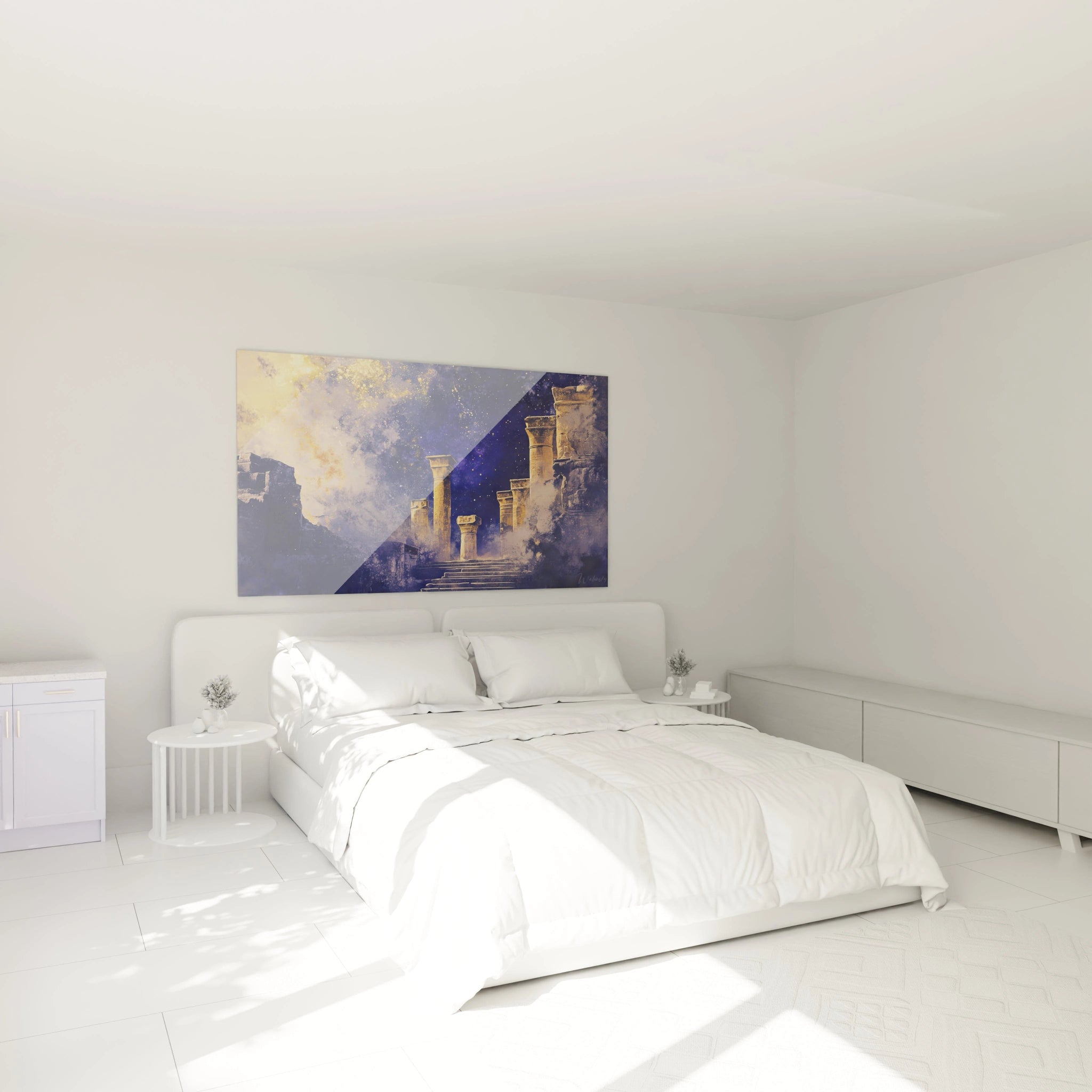 Tableau Egypte mural Walensky avec scène ancienne suspendu au-dessus d'un lit dans une chambre minimaliste blanche