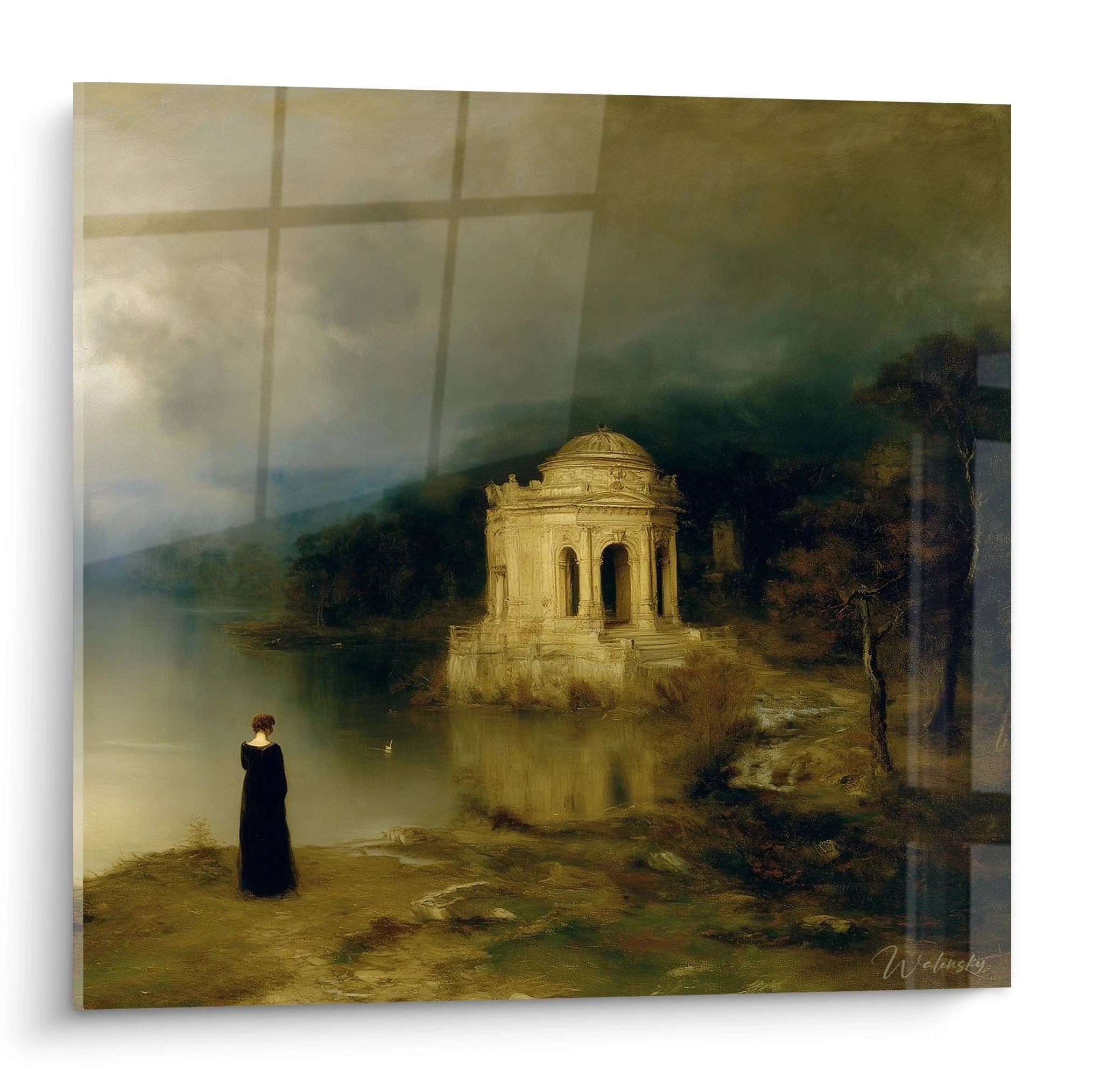 Tableau mural Walensky tableau romantisme temple montrant une femme contemplant un temple au bord du lac