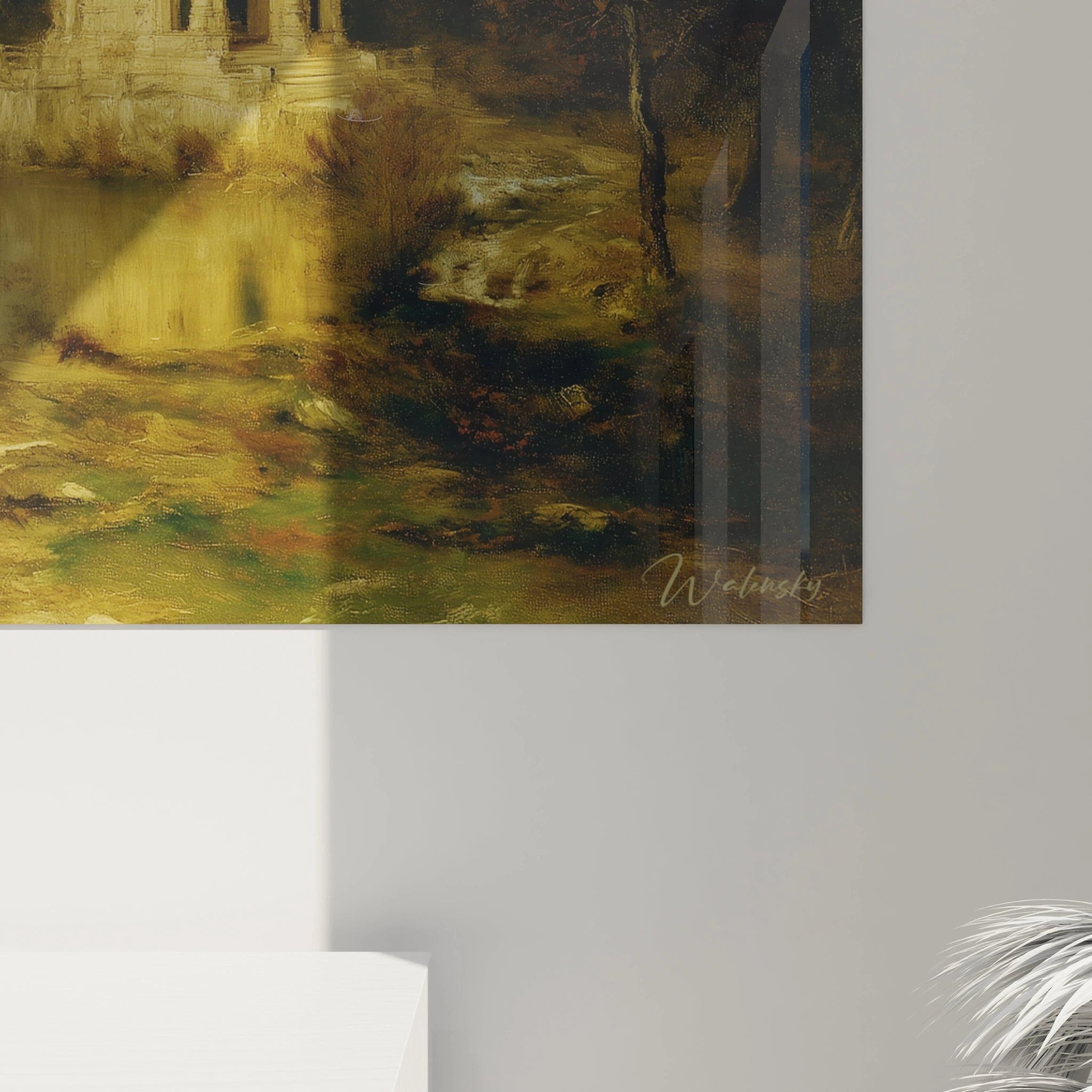 Tableau mural Walensky montrant paysage romantique avec temple au bord d un étang aux reflets dorés tableau romantisme temple