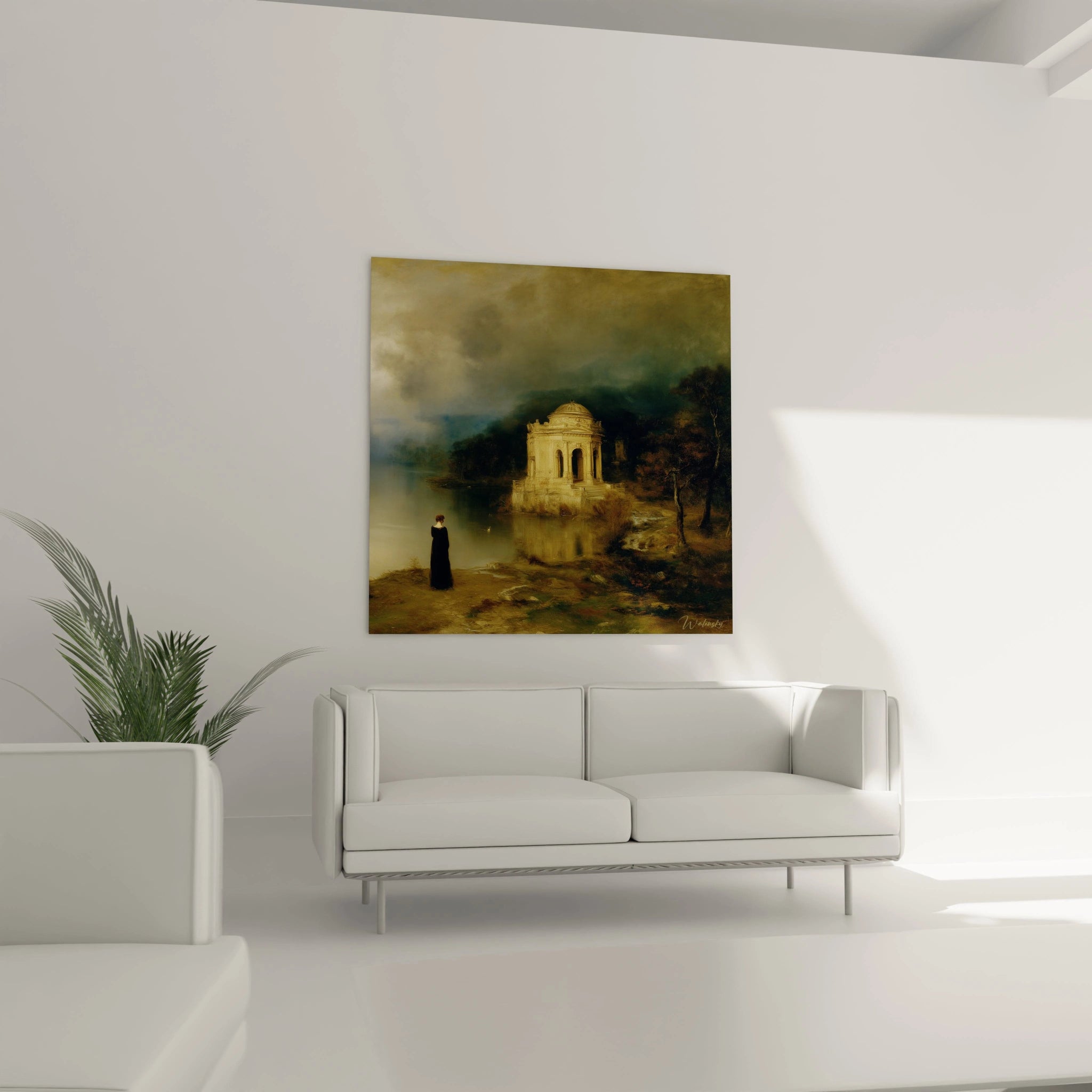 tableau romantisme temple Walensky paysage romantique au bord de l eau temple ancien et personnage solitaire