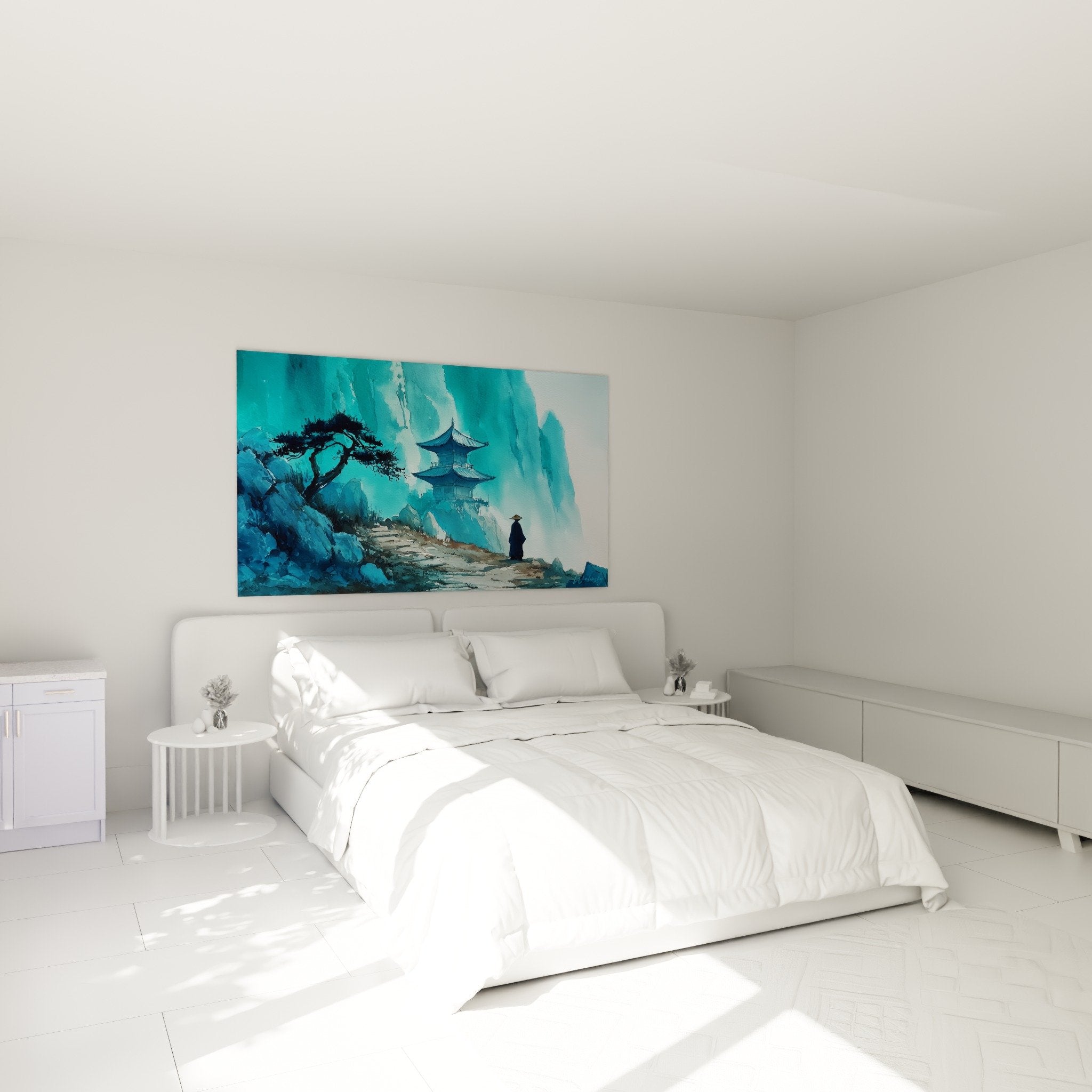 zen temple wall art blue mist bedroom decor peaceful atmosphere