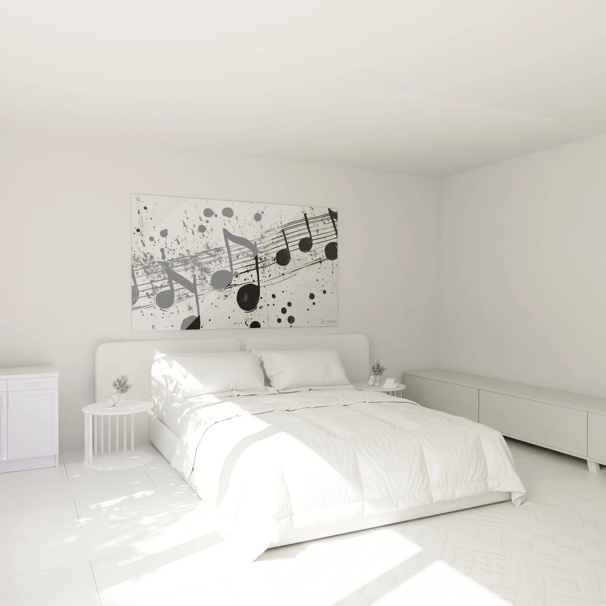 Tableau noir et blanc de musique avec des notes de partition, idéal pour la décoration d'intérieur moderne