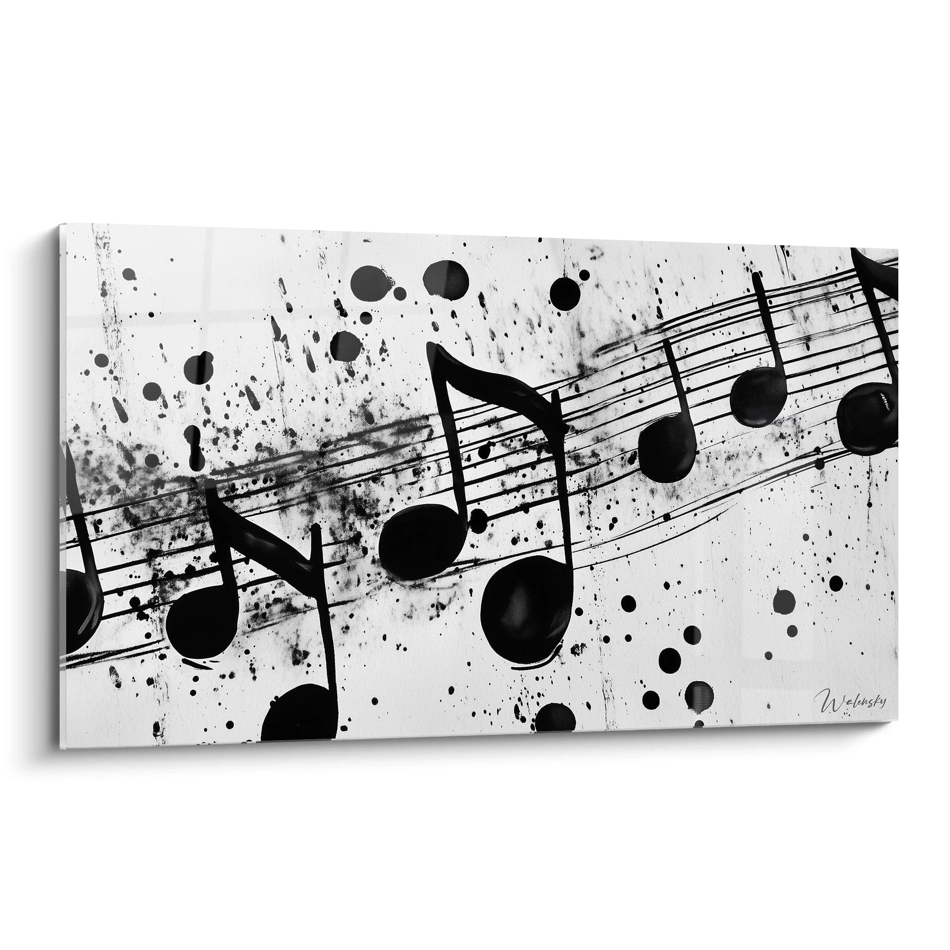 Tableau musique noir et blanc Walensky avec des notes de musique et des éclaboussures artistiques