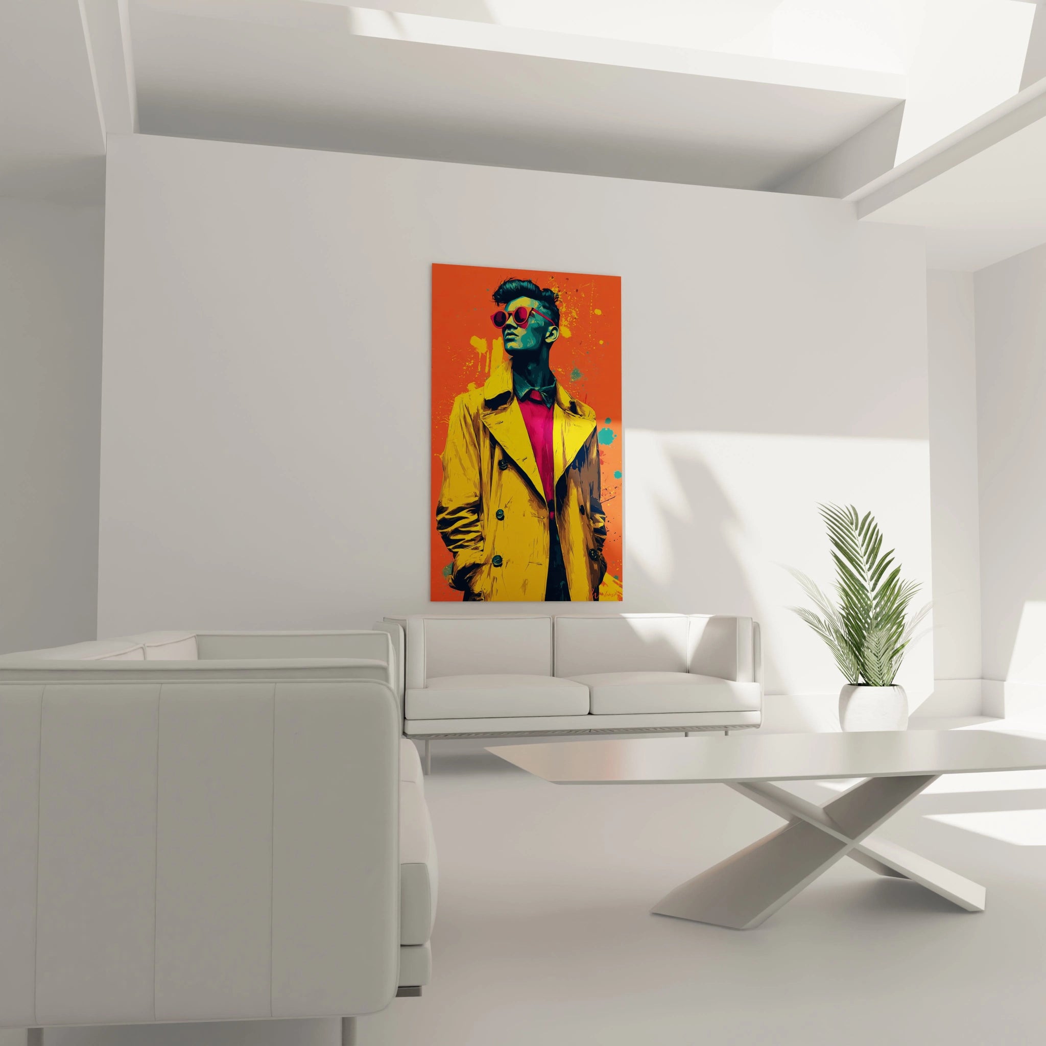 Tableau gentleman vintage en couleurs vives sur un mur blanc dans un salon moderne