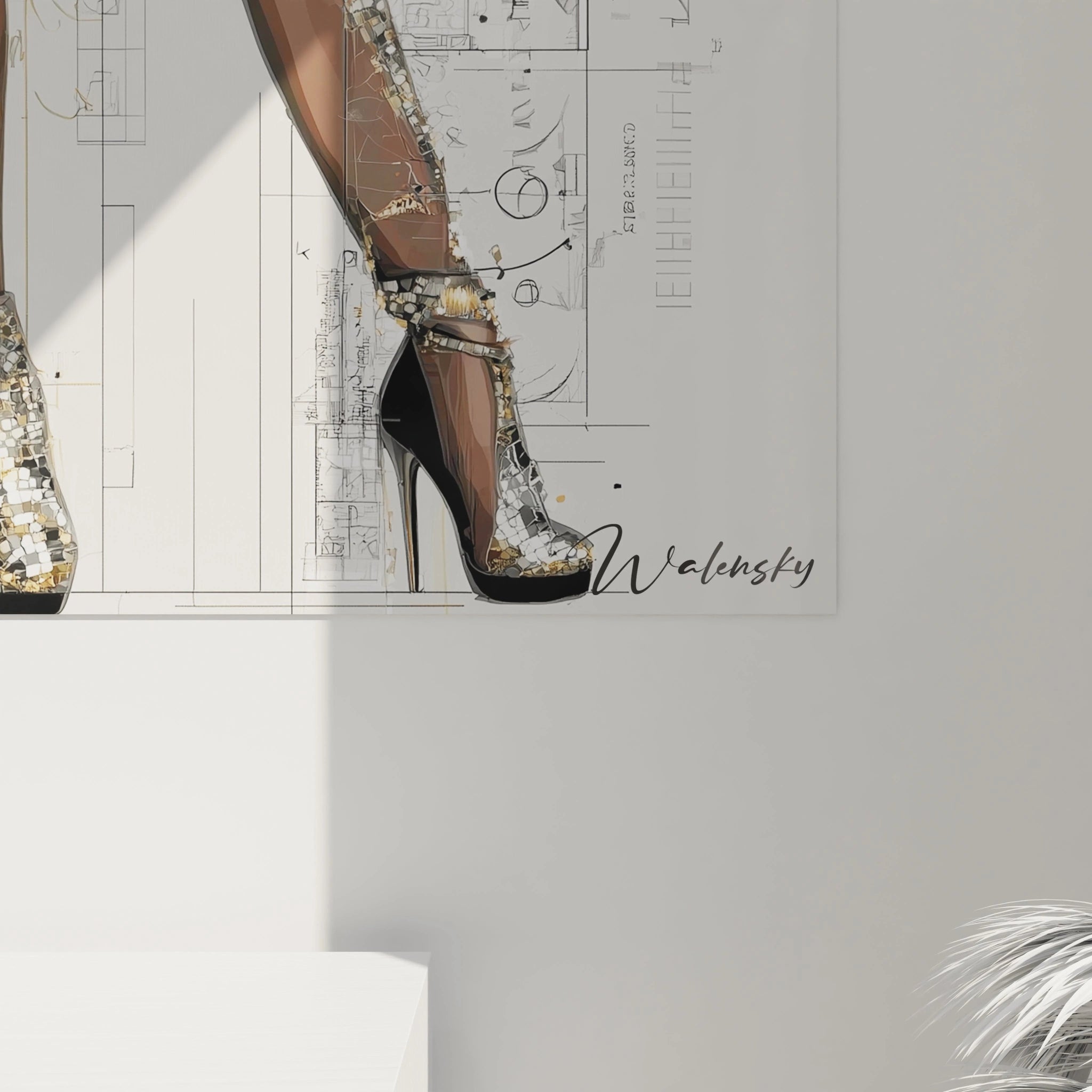 Tableau artistique haute couture de Walensky montrant une silhouette élégante en talons hauts