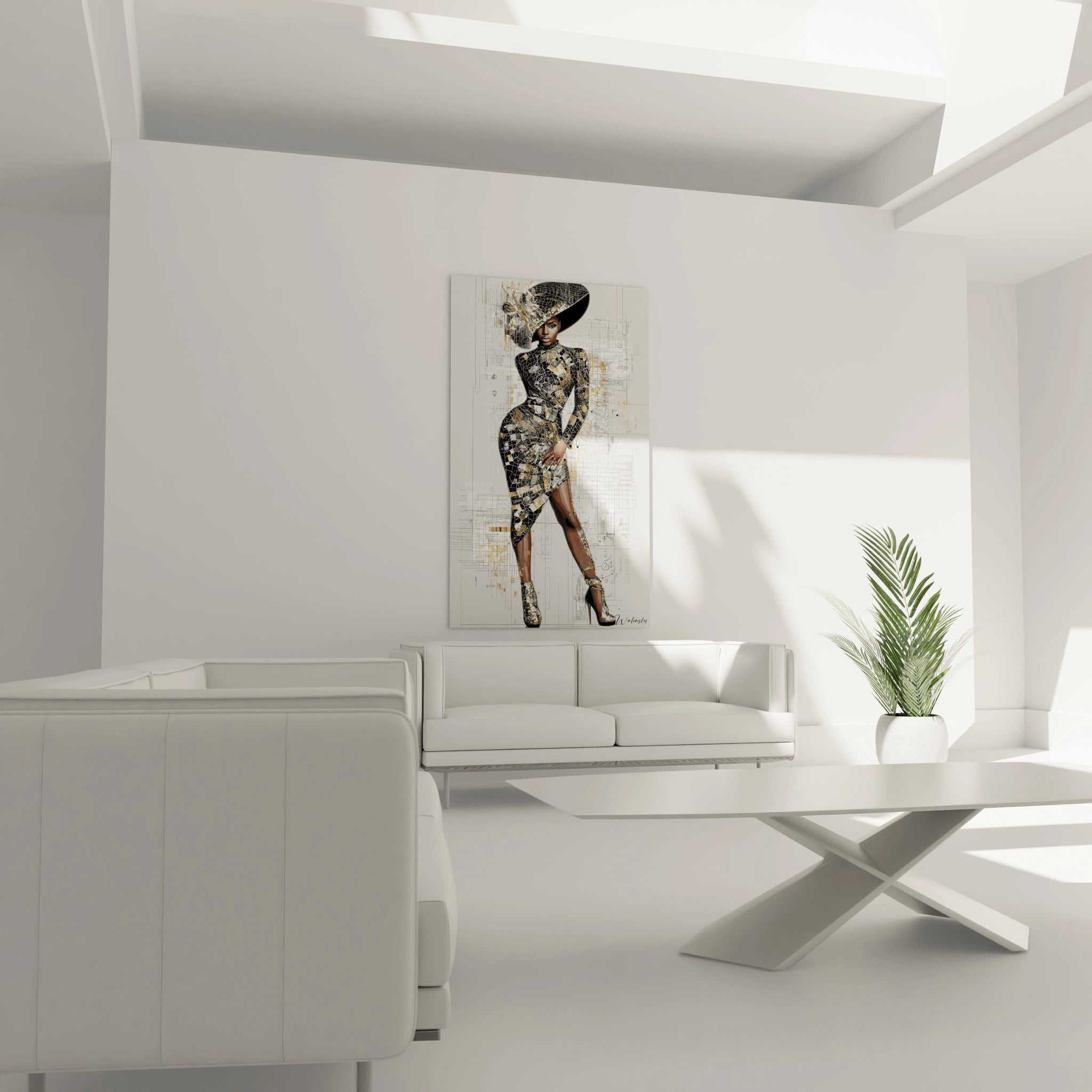 Tableau artistique haute couture représentant une silhouette élégante dans un intérieur moderne