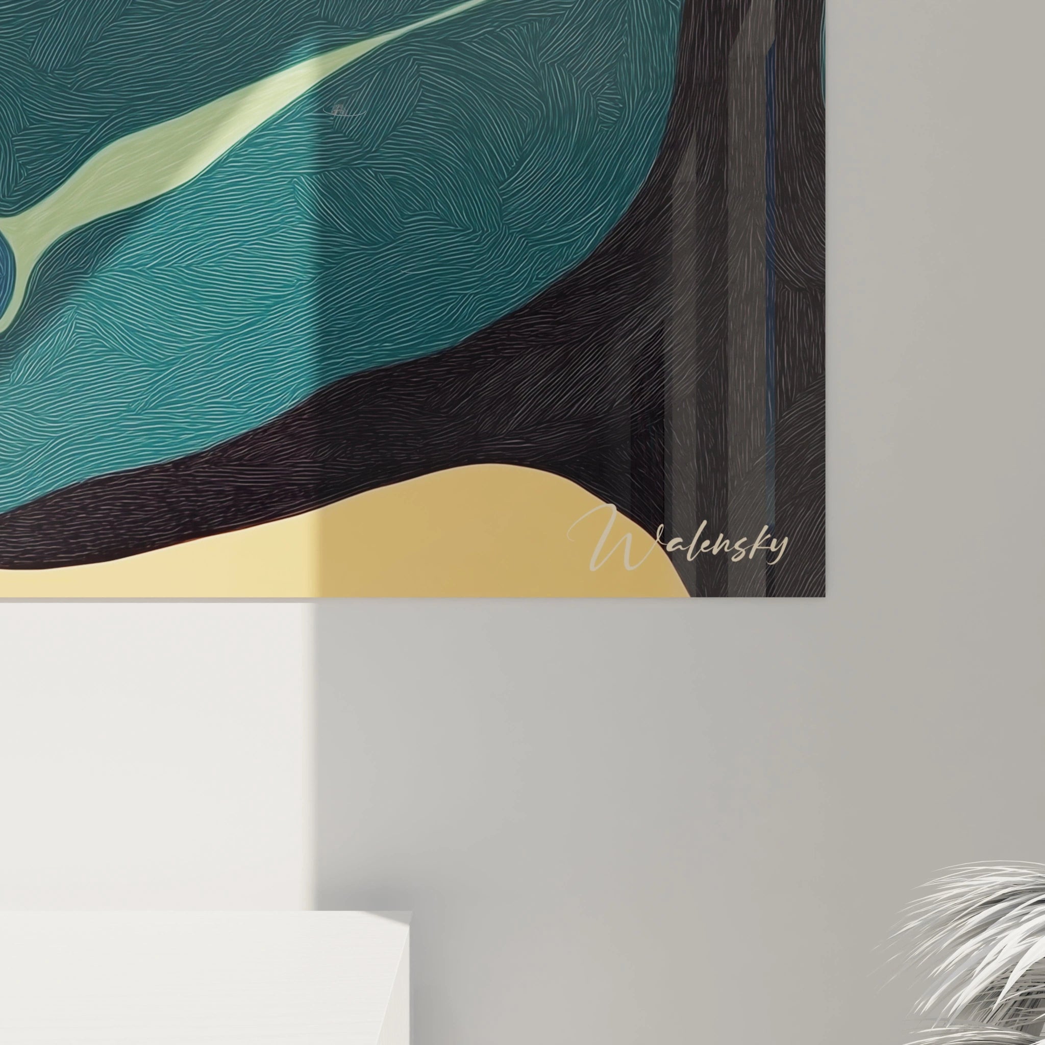 Un tableau visage abstrait contemporain représentant une dualité humaine à travers deux profils se faisant face, l'un baigné d'orange chaleureux, l'autre de bleu apaisant, avec des textures linéaires minutieuses sur fond doré.