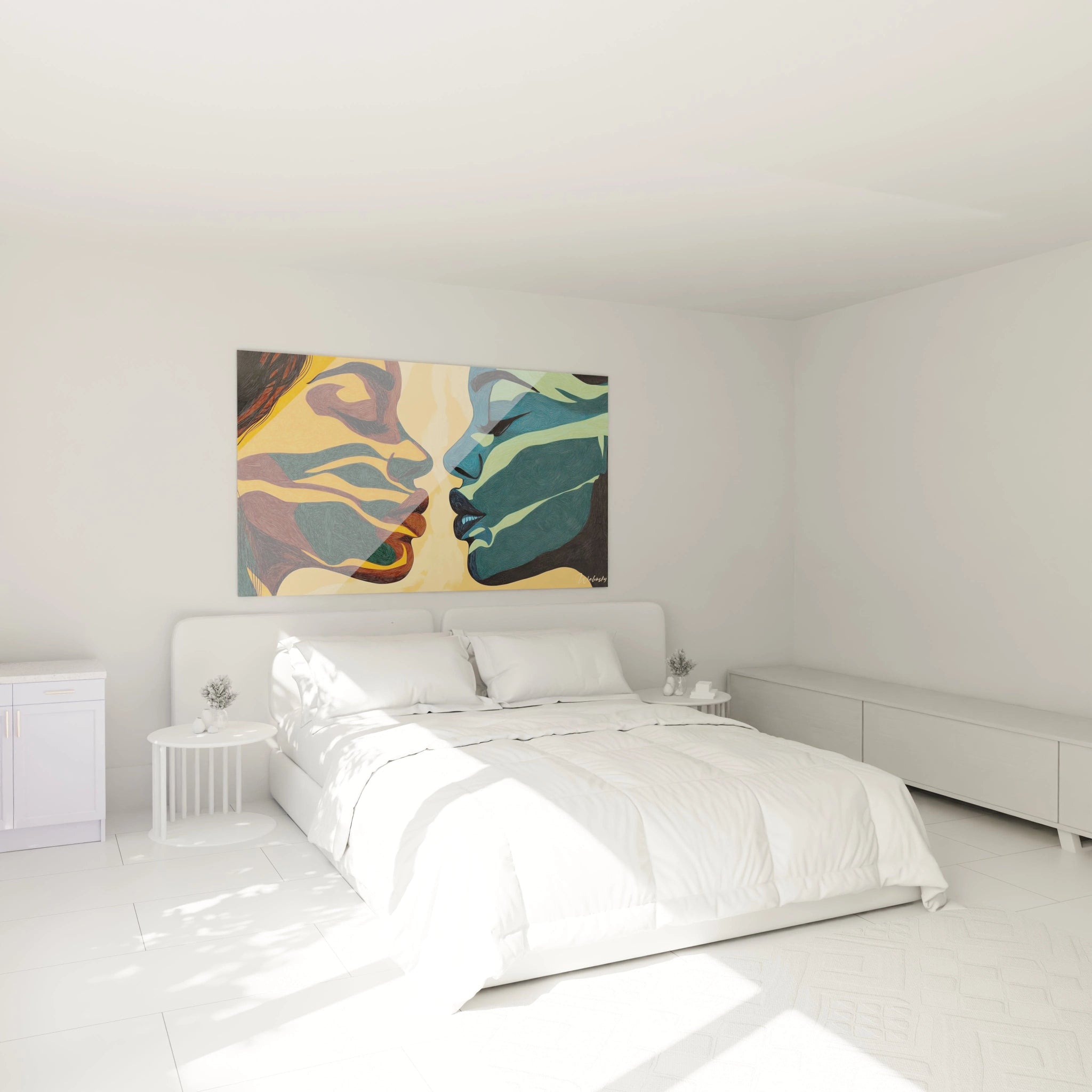 Un tableau visage abstrait dédoublé illustrant une confrontation symétrique entre deux profils, combinant des teintes chaudes (orange, brun) et froides (bleu, vert), avec des traits finement hachurés créant une sensation de mouvement.