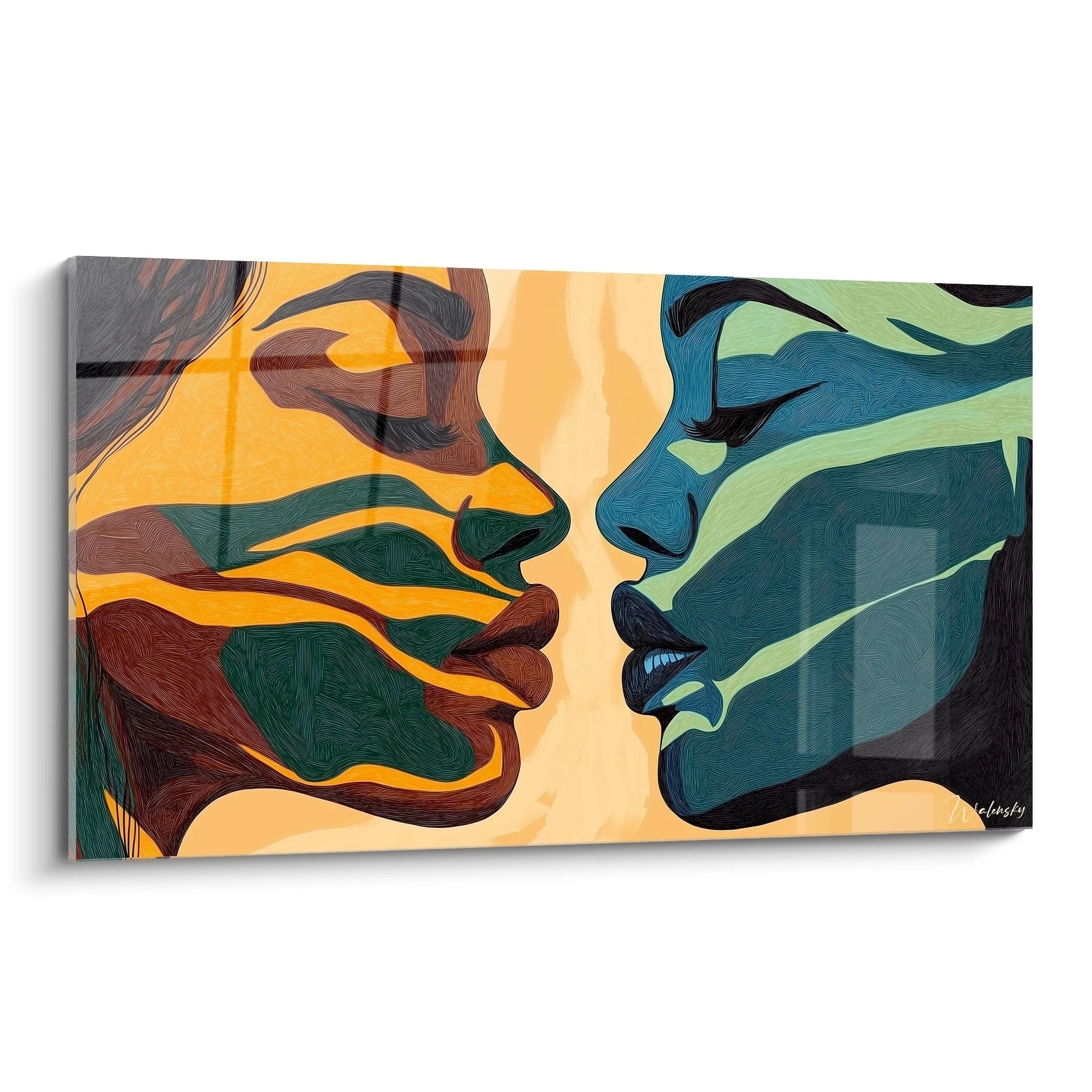 Un tableau visage abstrait présentant deux profils face à face, l'un dans des tons orange et marron, l'autre en bleu et vert, avec des lignes ondulantes créant texture et mouvement sur fond beige doré.