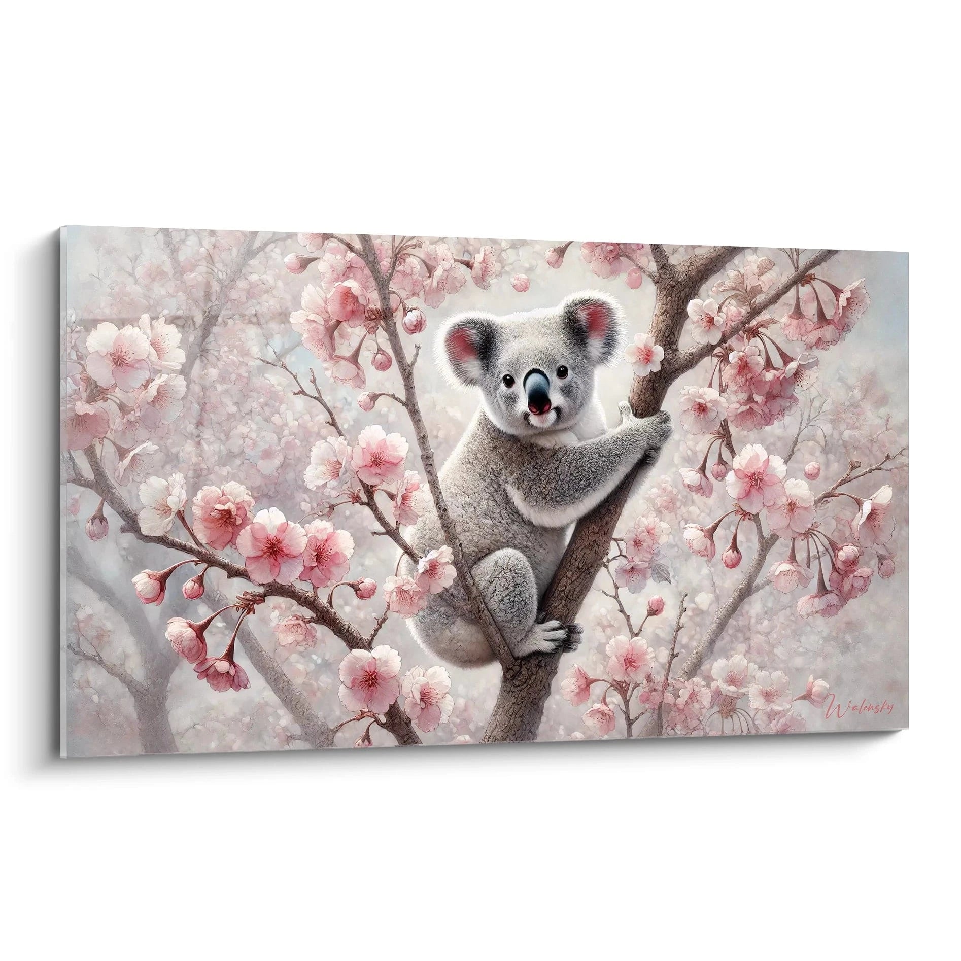 tableau koala vu de biais, parfait pour une decoration naturelle et poétique, avec des teintes douces de gris et de rose. Apportez de la serenite a votre interieur avec cette oeuvre apaisante.