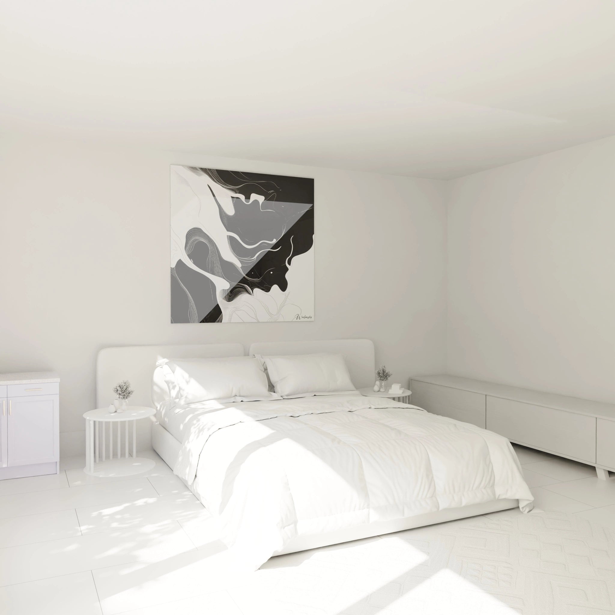 Un tableau rayures noir et blanc minimaliste composé de lignes sinueuses blanches sur fond noir. Les formes abstraites créent une impression de profondeur par le jeu des épaisseurs variables et la disposition asymétrique des éléments, offrant une texture visuelle sophistiquée.