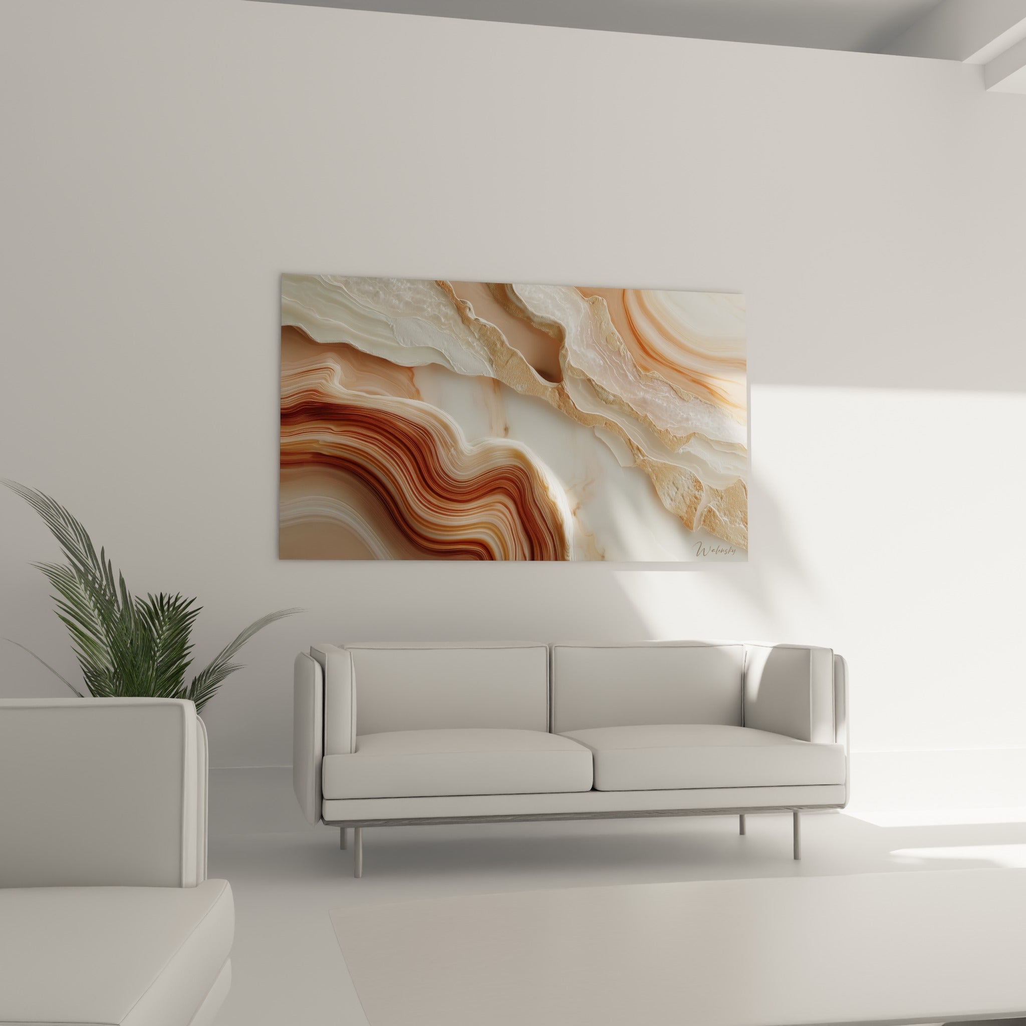 Strates ondulées ocre et blanc crème de cette agate terracotta, disposées au-dessus d'un canapé dans un salon lumineux