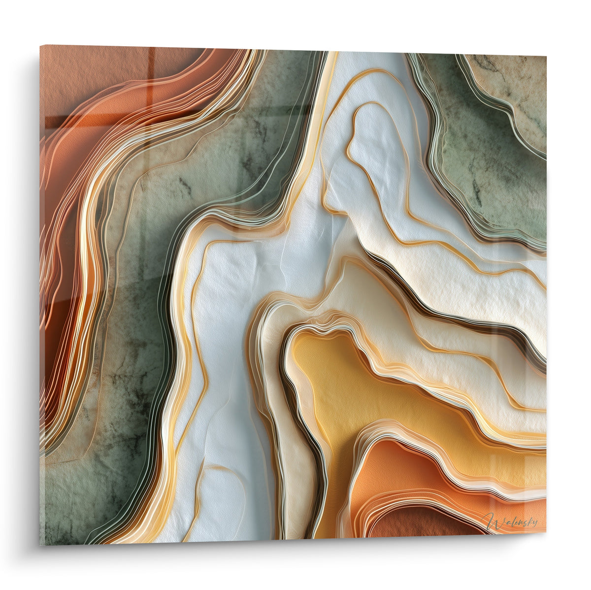 Motifs sédimentaires terracotta et vert sauge se déployant en courbes fines et dorées sur toile