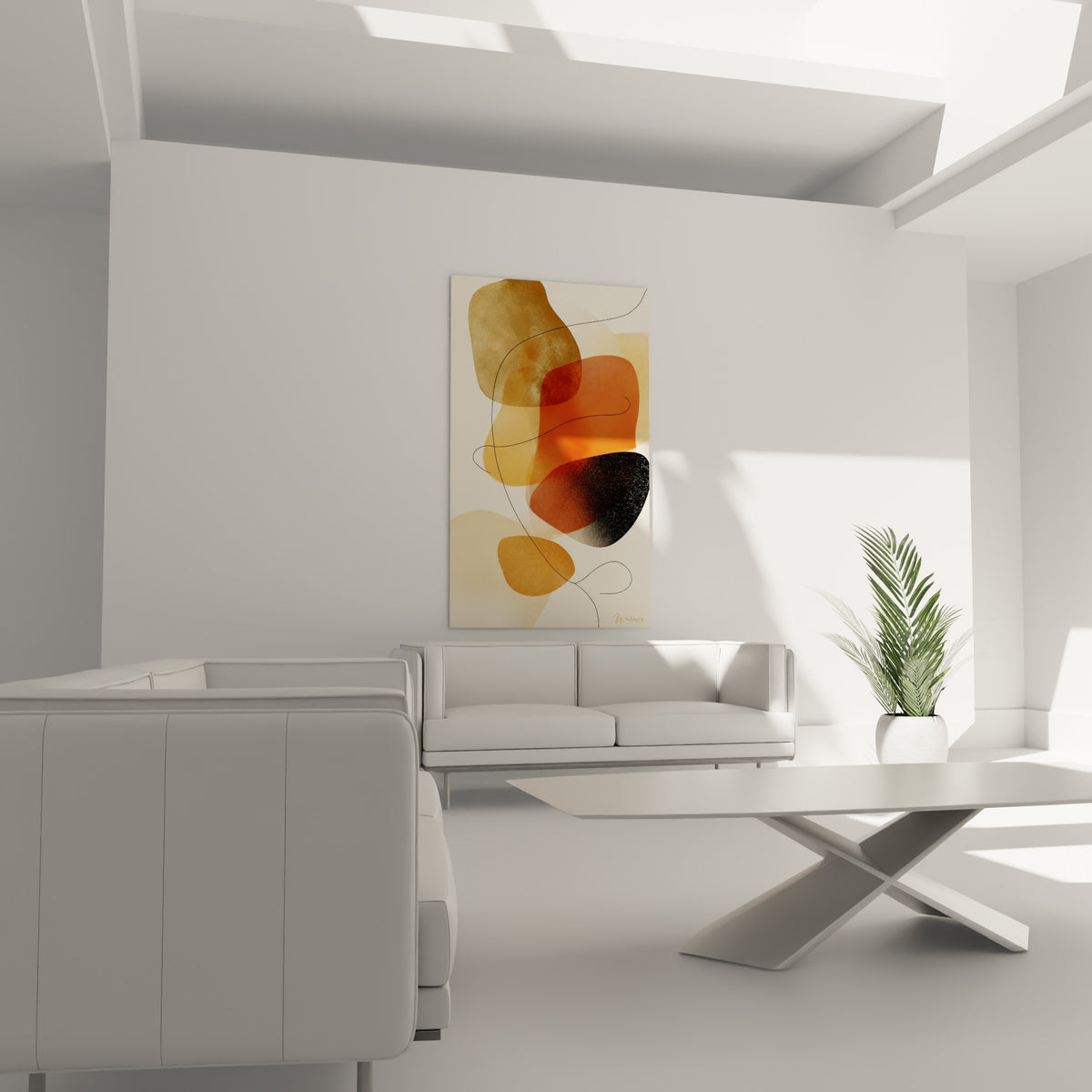 Composition terracotta et anthracite aux contours doux, au-dessus d'un canapé dans un salon lumineux