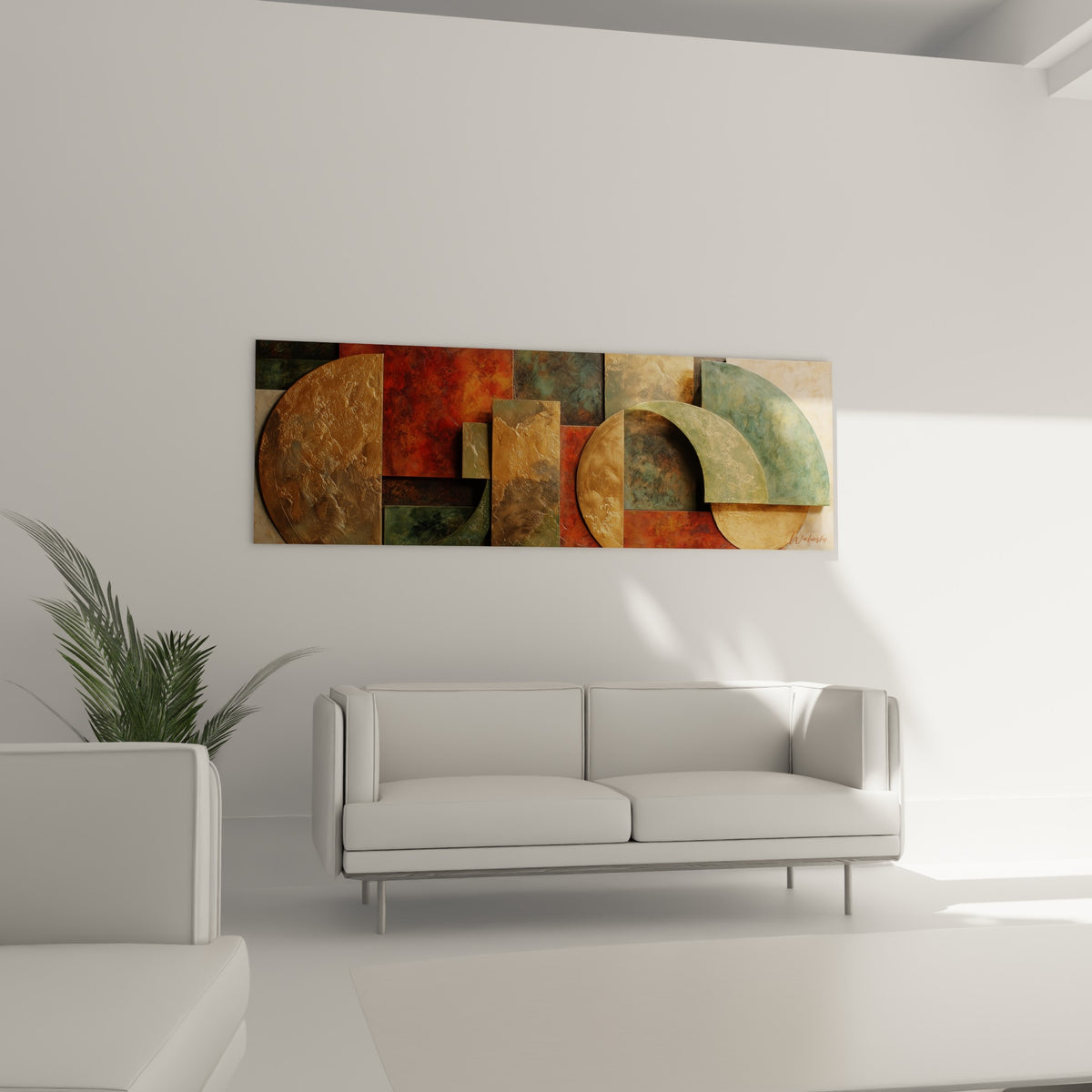 Composition géométrique ocre et anthracite du tableau Terracotta au-dessus d'un canapé dans un salon lumineux