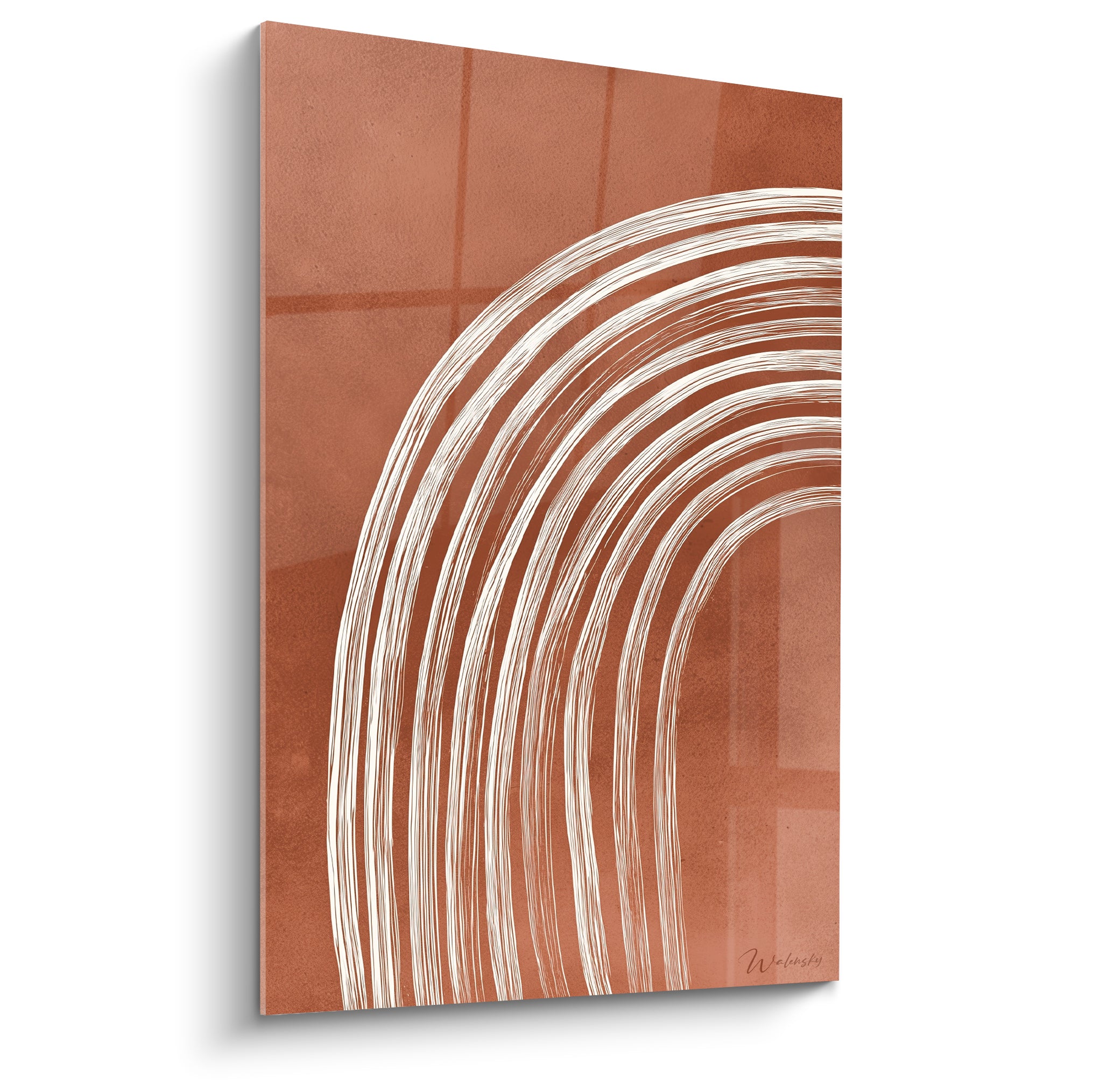 Arches blanches courbées sur fond terracotta texturé, tracé graphique épuré et vibrant