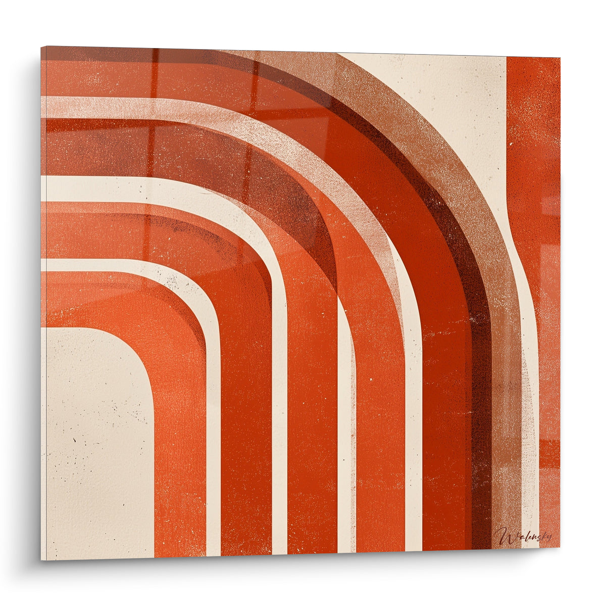 Arches concentriques terracotta et beige texturées, dégradé de rouille sur toile abstraite