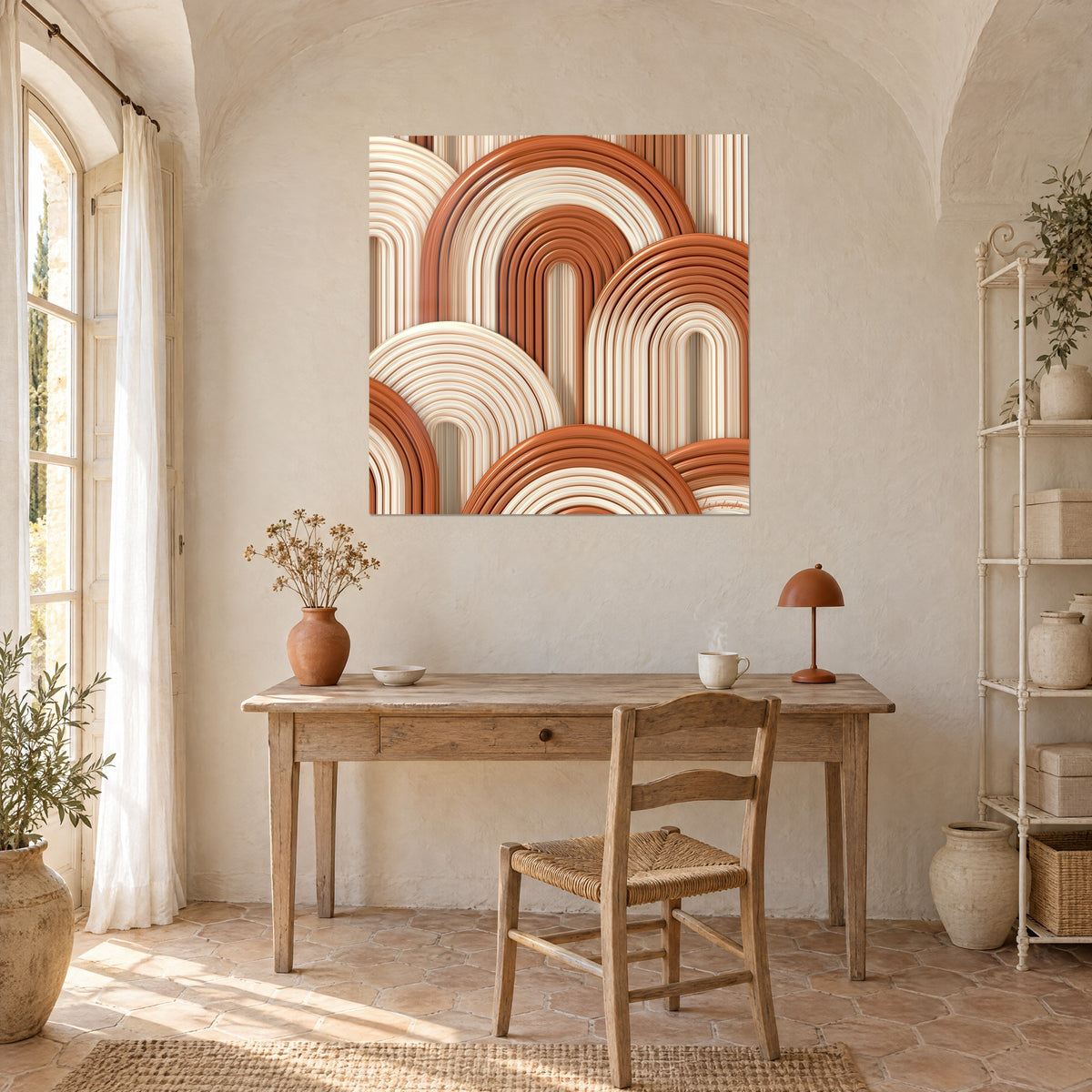 Tableau motif d'arcades sculptées roux et beige nacré, dominant un bureau en bois clair et une chaise paillée