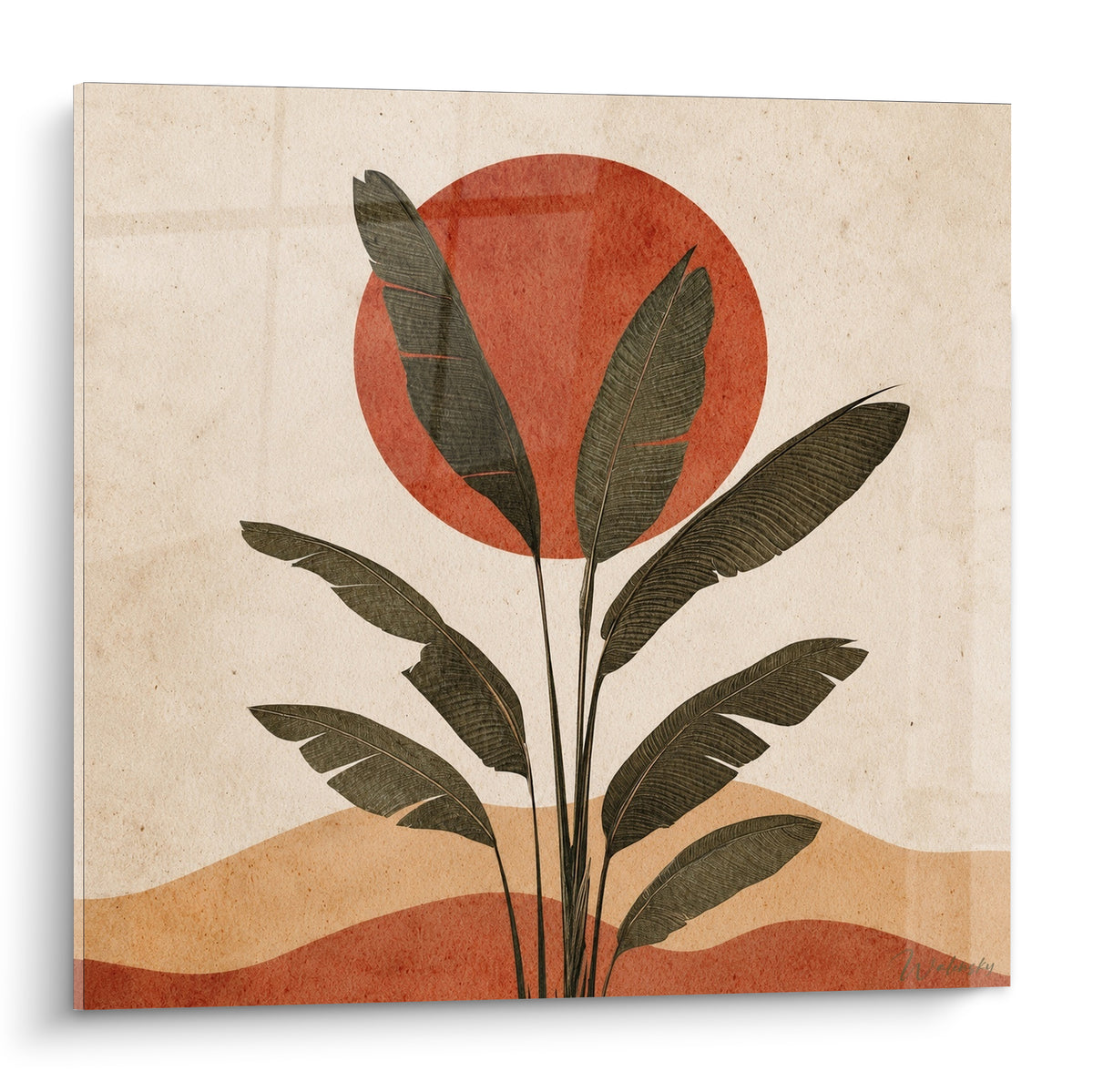 Bananier vert olive se découpant sur un soleil terracotta et des dunes ocre stylisées