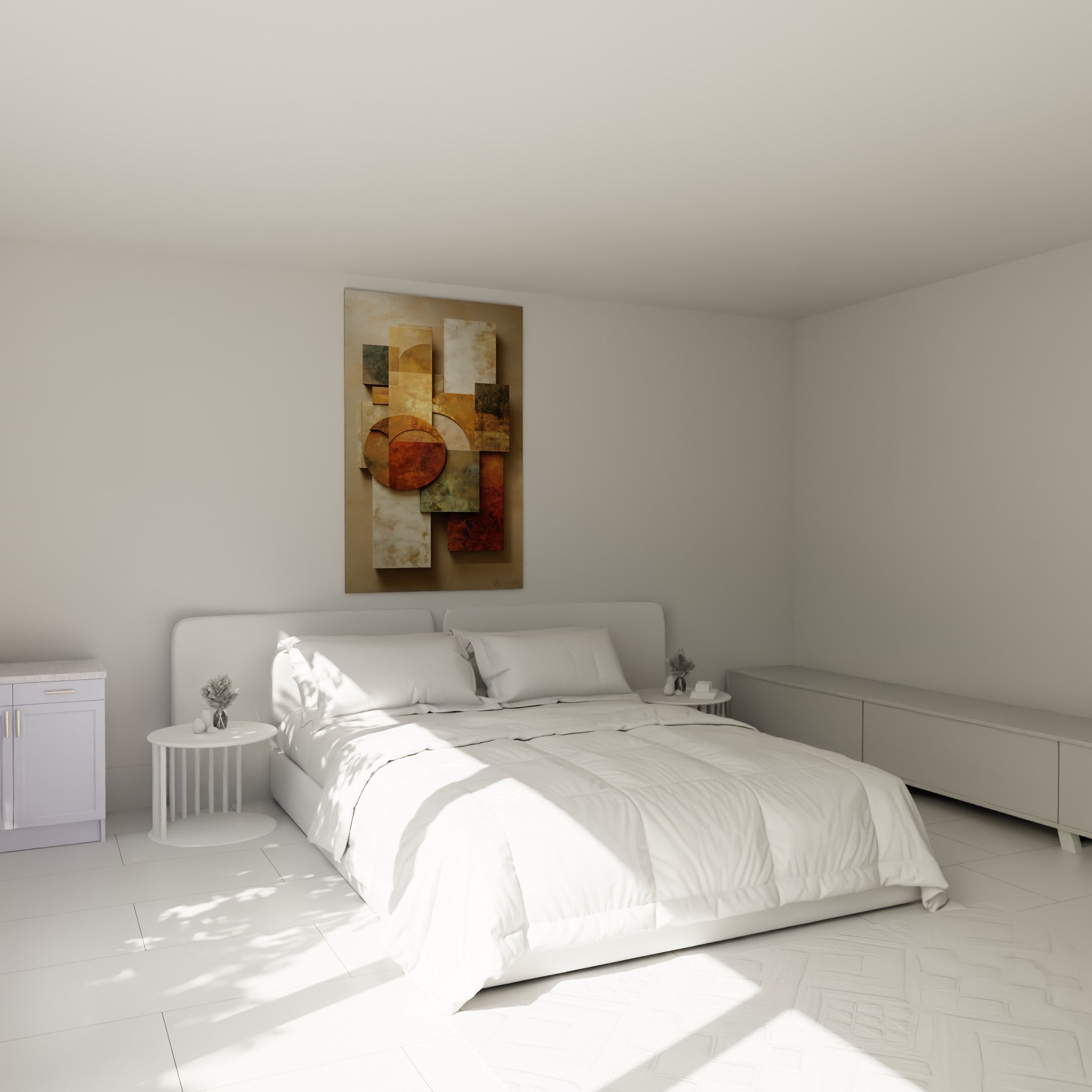 Blocs abstraits terracotta et vert sauge disposés en strates, accrochés au-dessus d'un lit dans une chambre claire