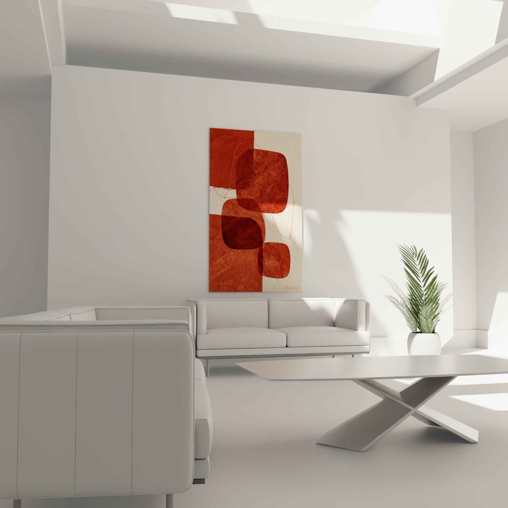 Blocs terracotta et sable aux angles doux, disposés au-dessus d'un canapé dans un salon lumineux