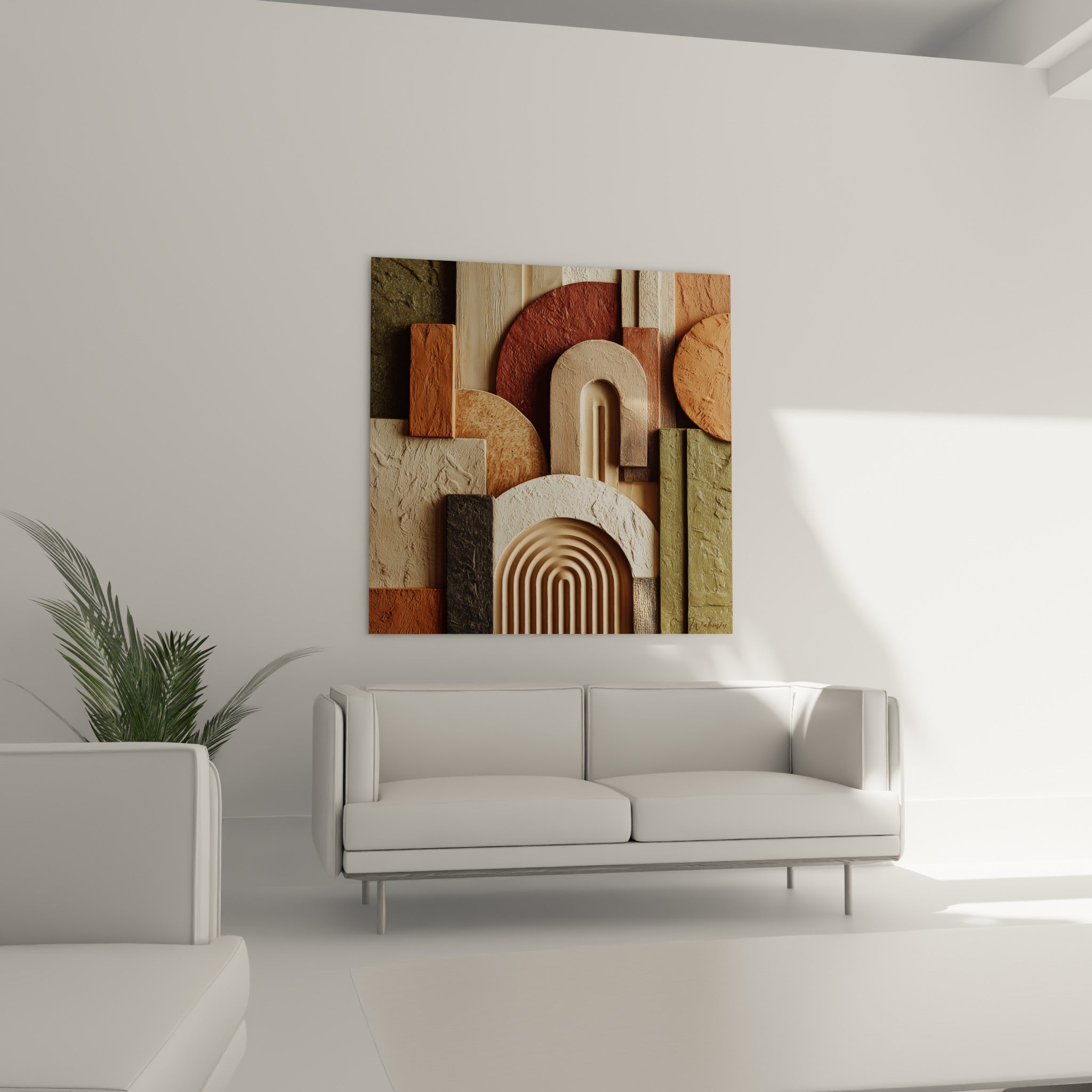 Blocs ocre et vert sauge en relief sculpté, arches empilées disposées au-dessus d'un canapé dans un salon lumineux