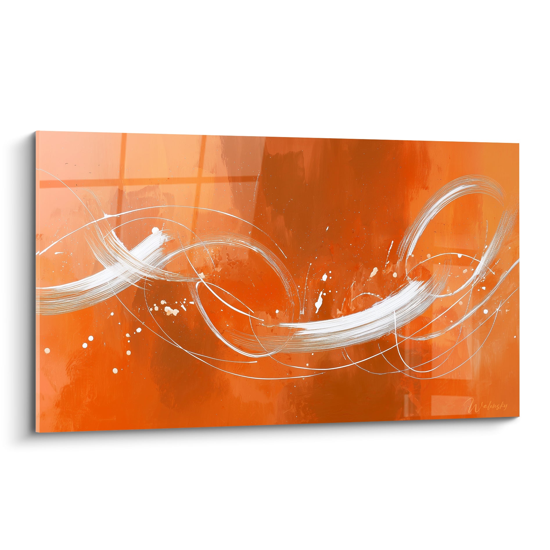 Boucles blanches fluides sur fond terracotta et brun rouille, geste abstrait ample et expressif