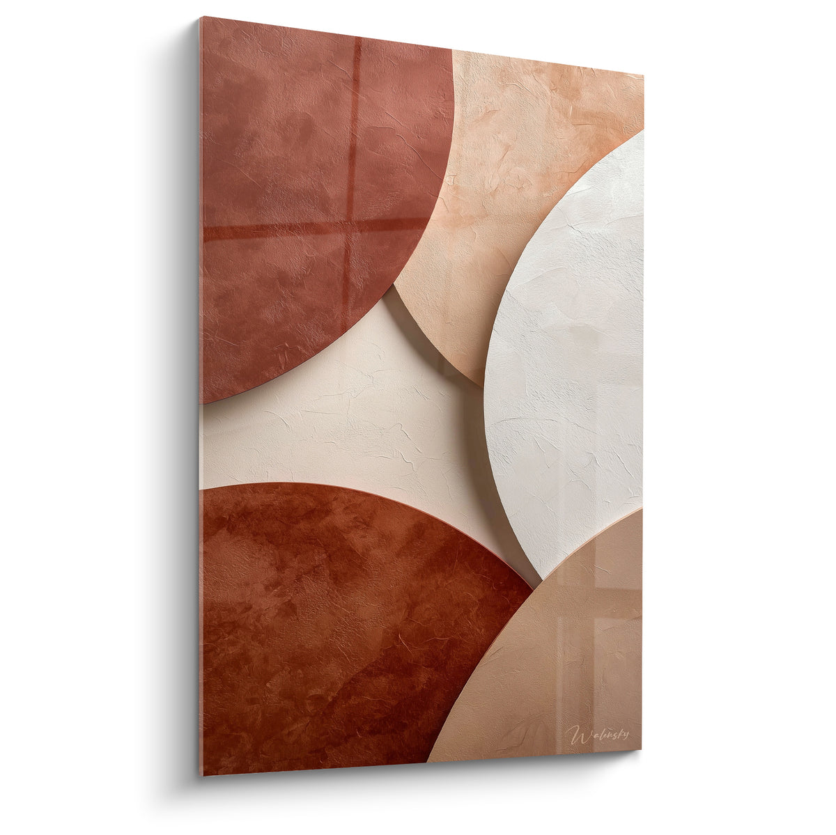 Cercles brique, sable et blanc cassé entrelacés sur ce tableau terracotta texturé façon enduit minéral