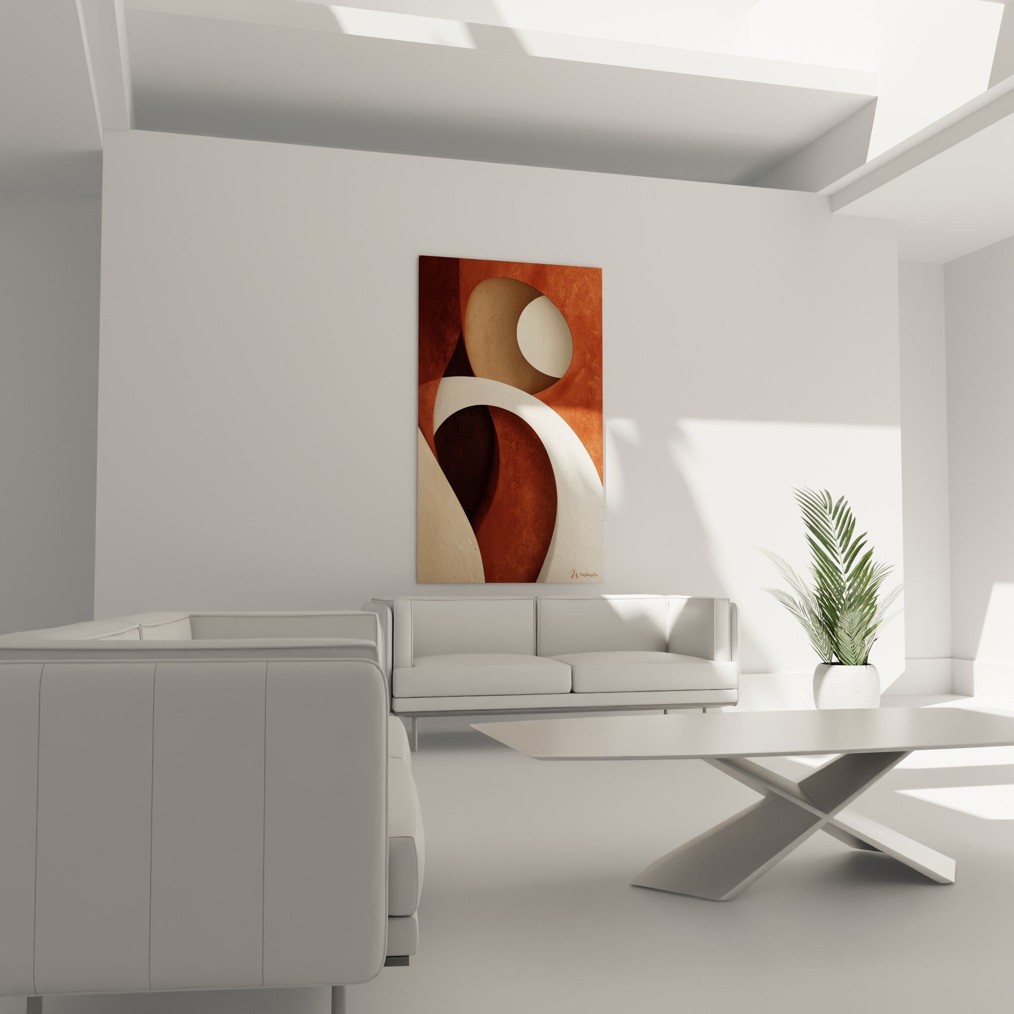 Composition abstraite brique et sable aux volumes arrondis, disposée au-dessus d'un canapé dans un salon lumineux