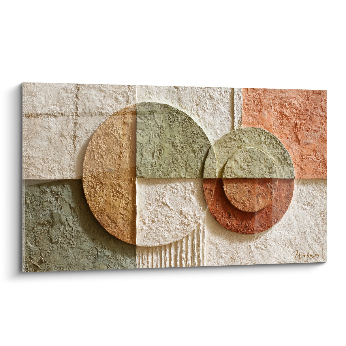 Cercles texturés en terracotta, ocre brûlé et vert sauge superposés sur un fond de panneaux minéraux