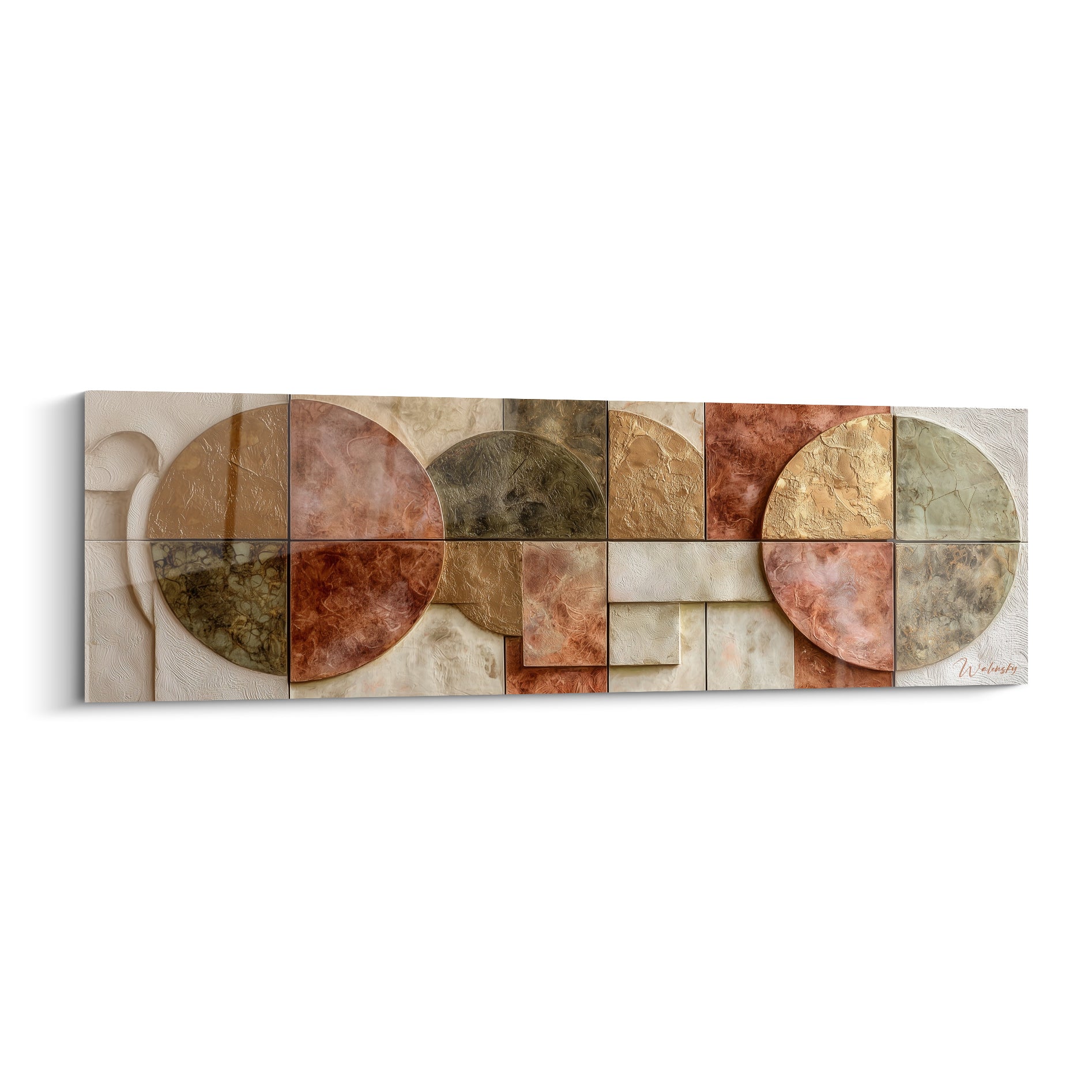 Tableau Terracotta aux cercles sculptés en relief, tons rouille, vert sauge et doré mêlés