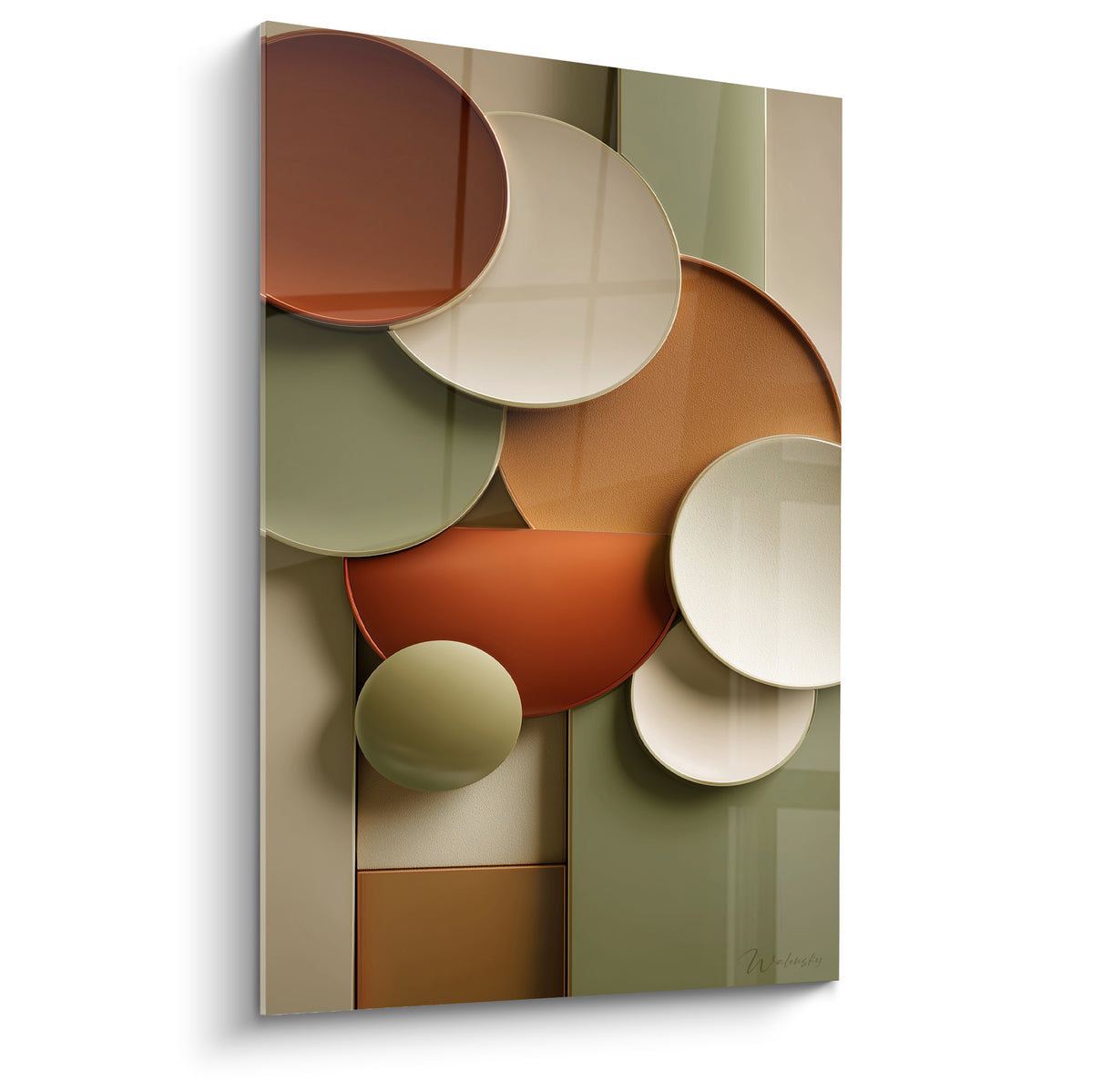 Disques en relief terracotta et vert sauge superposés dans une composition abstraite raffinée