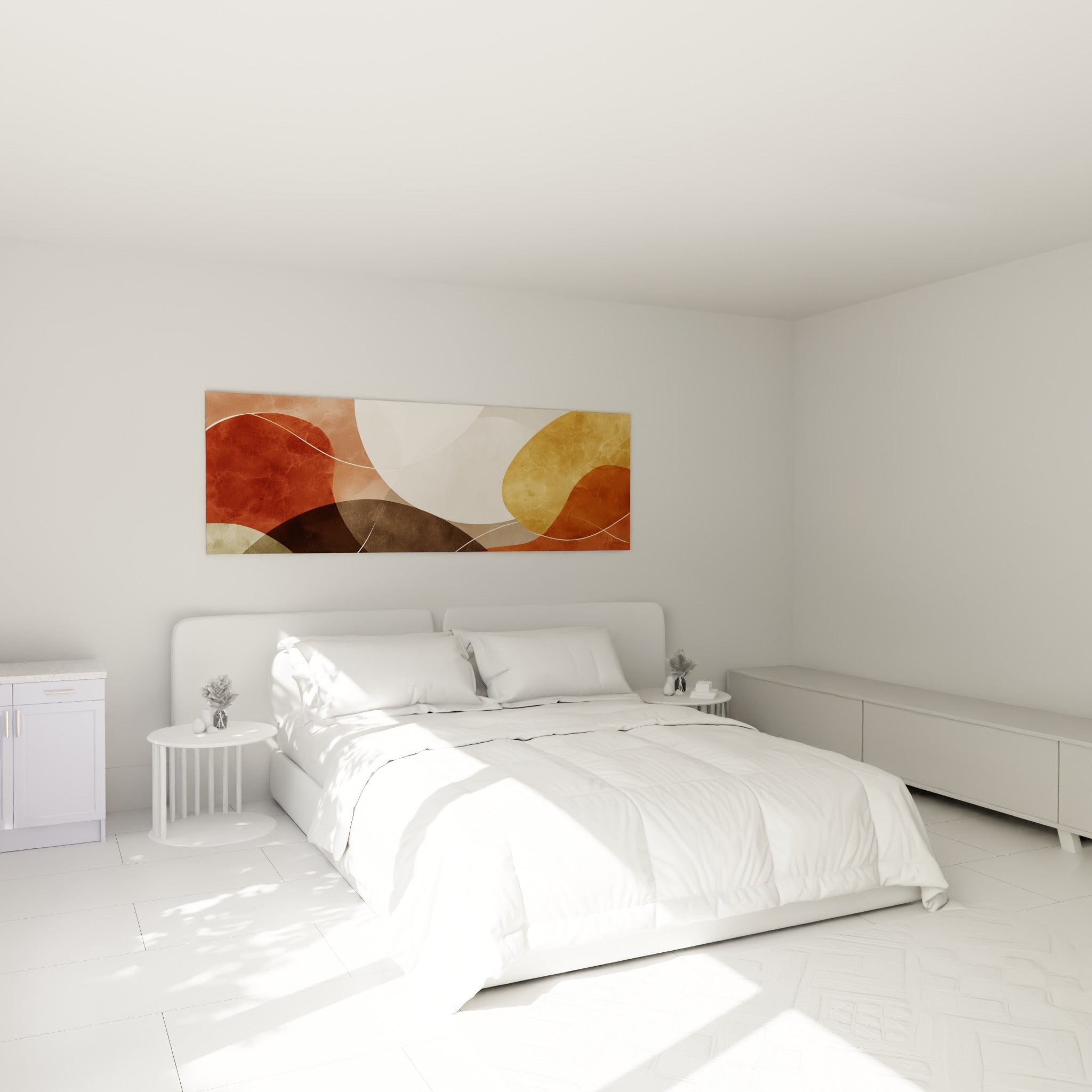 Courbes organiques rouille et ocre déployées au-dessus d'un lit dans une chambre claire