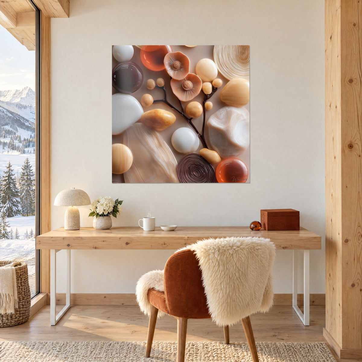 Tableau cailloux d'onyx miel et disques bruns, champignons saumon délicats, au-dessus d'un bureau en bois clair près d'une fenêtre