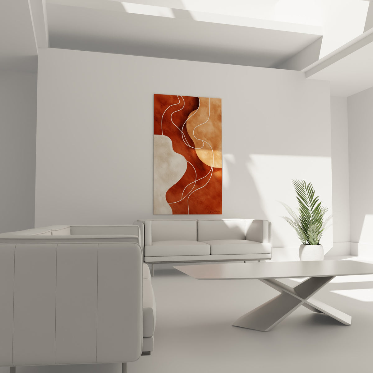 Silhouettes sable et terracotta reliées par des tracés blancs fluides, au-dessus d'un canapé dans un salon lumineux