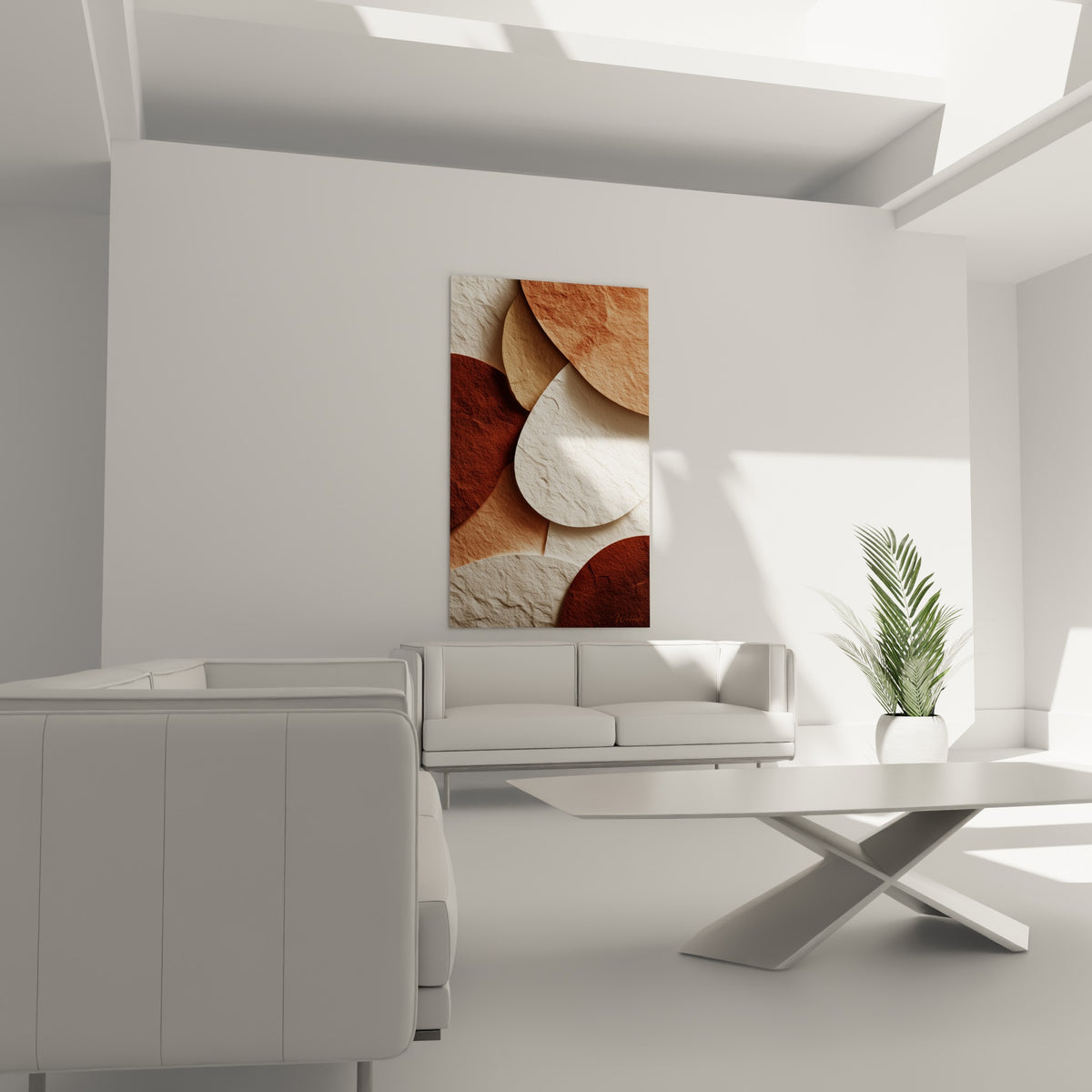 Composition abstraite terracotta et ivoire aux formes arrondies, au-dessus d'un canapé dans un salon lumineux