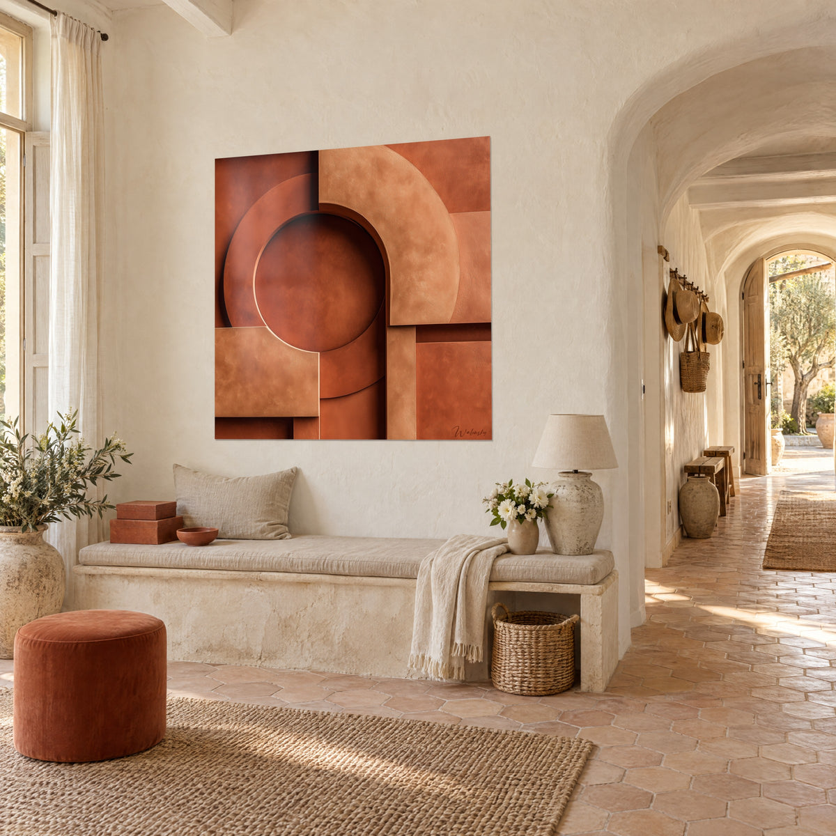 Wall art sculpted terracotta half-circle and ochre rectangular blocks, three-quarter view in a vaulted corridor of the Provençal farmhouse