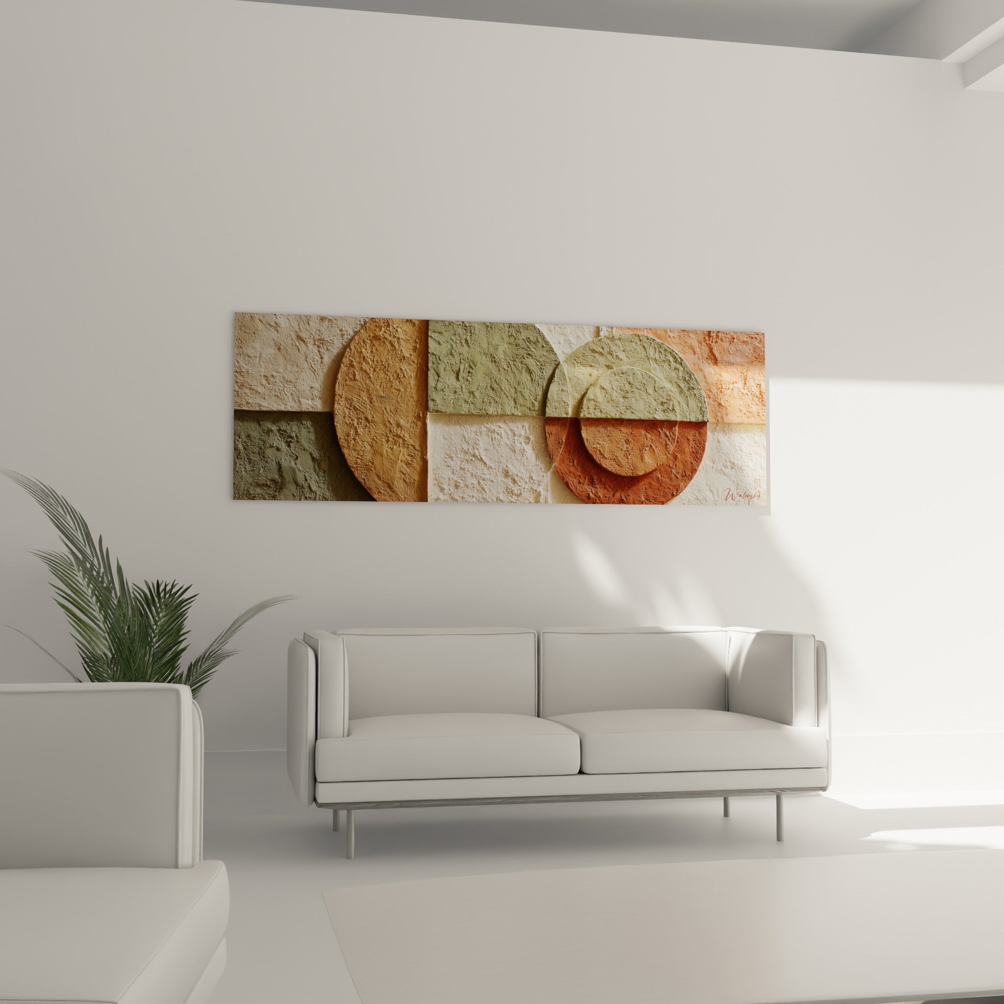 Composition minérale terracotta et sauge aux textures épaisses, au-dessus d'un canapé dans un salon lumineux