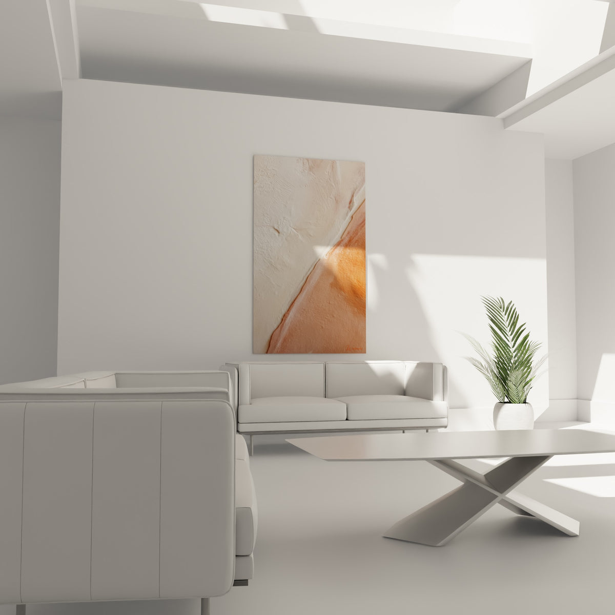 Contraste terracotta et blanc cassé aux empâtements visibles, au-dessus d'un canapé dans un salon lumineux