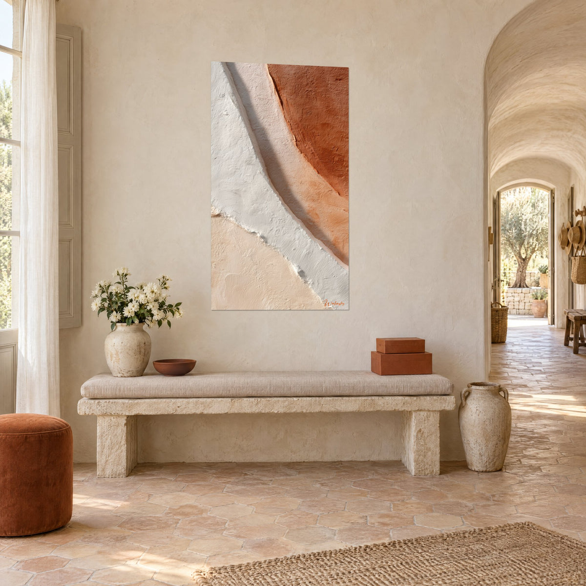 Wall art with a sinuous break line, streaked white plaster against burnt terracotta and rosy beige, whitewashed wall of a vaulted hallway