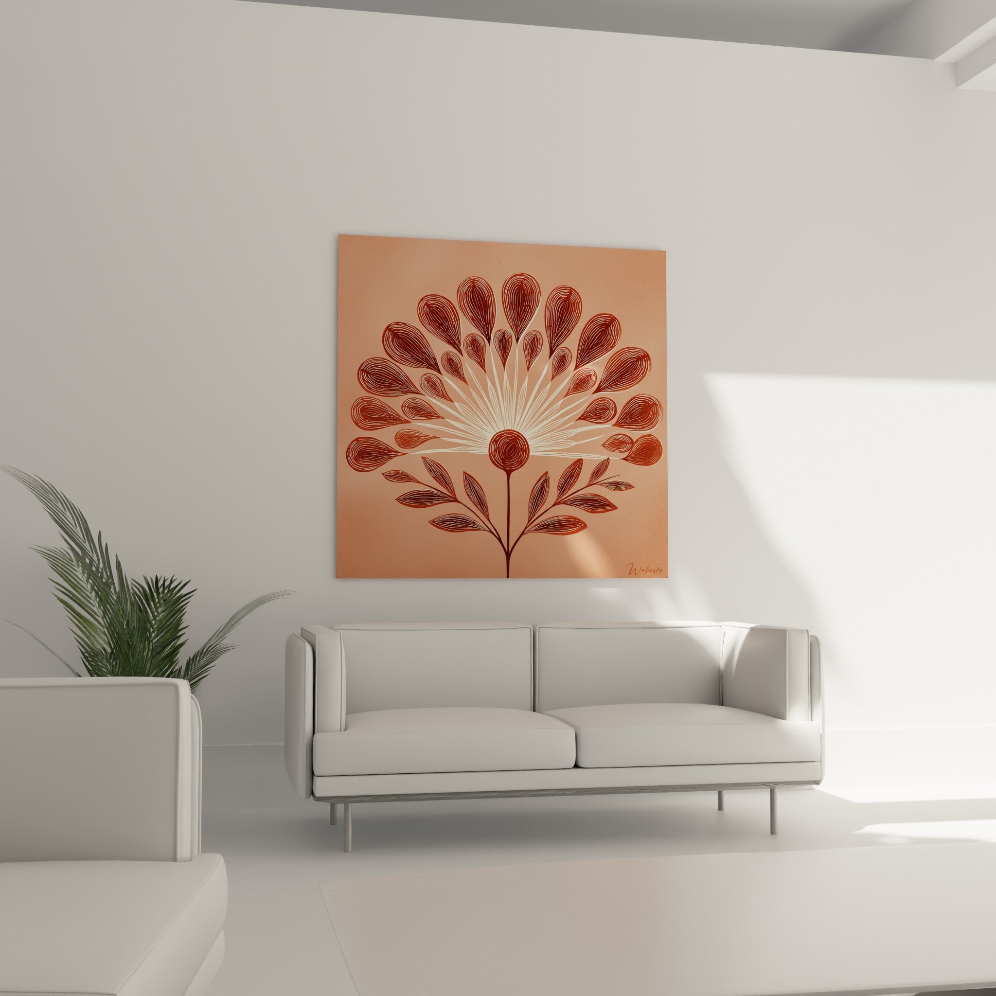 Corolle terracotta aux lignes fines crème rayonnant en éventail, au-dessus d'un canapé dans un salon lumineux