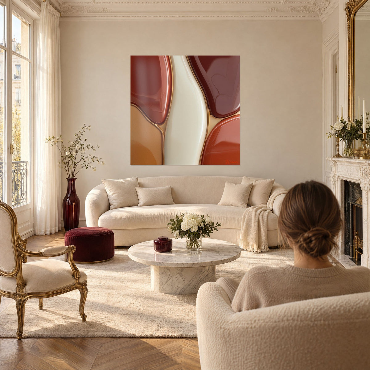 Wall art with organic cells in brick and ivory outlined by a gold mesh, woman seen from behind, above a sofa in a bright living room