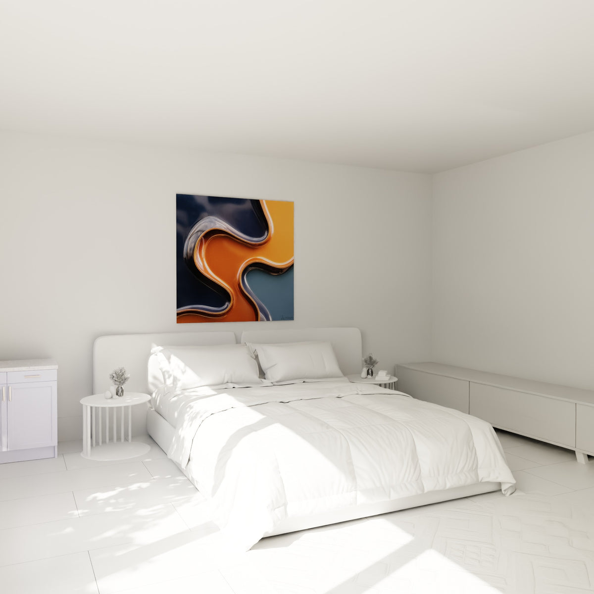 Courbes cuivrées et bleu nuit du tableau Terracotta placées au-dessus d'un lit dans une chambre claire